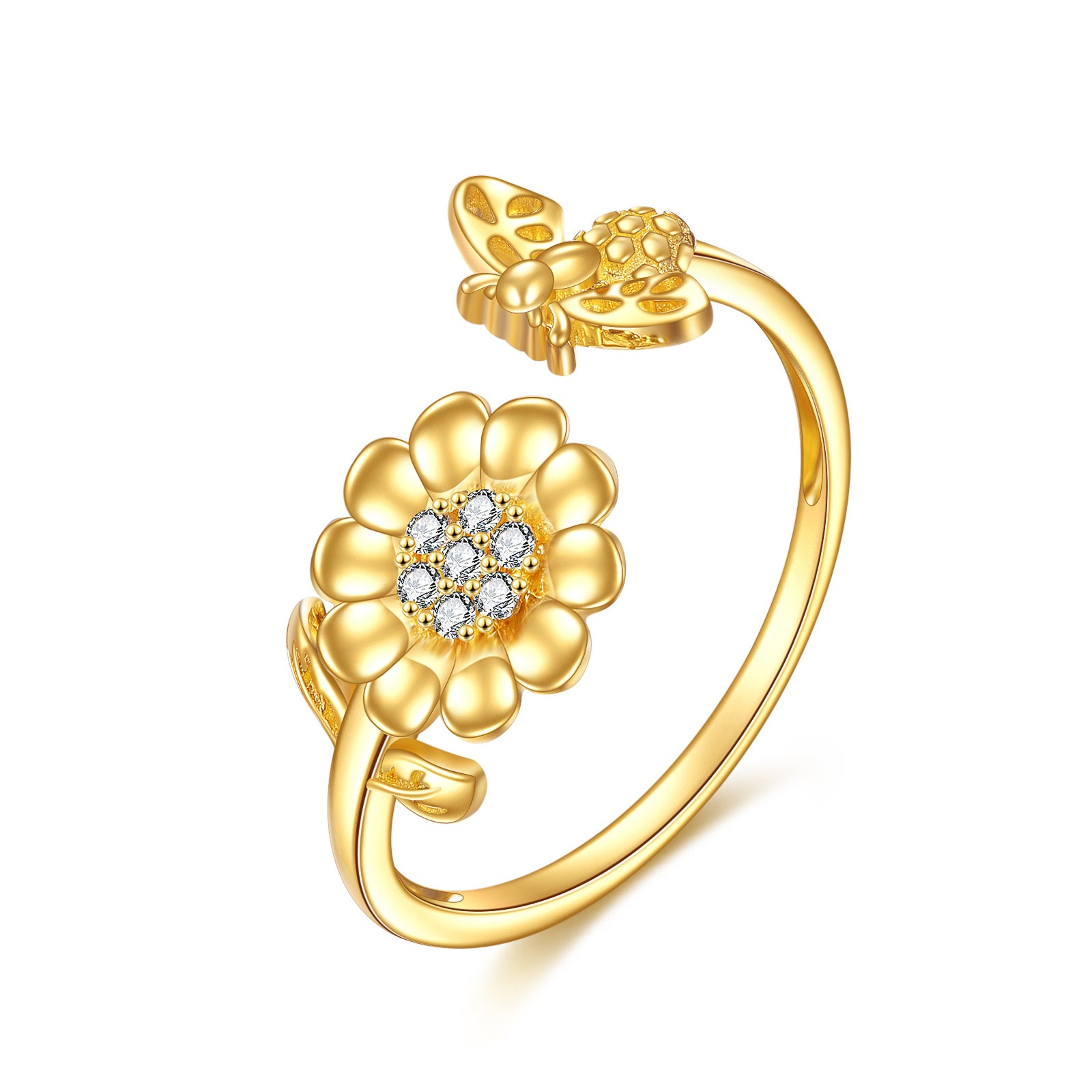 14K Gold Cubic Zirconia Sunflower Open Ring