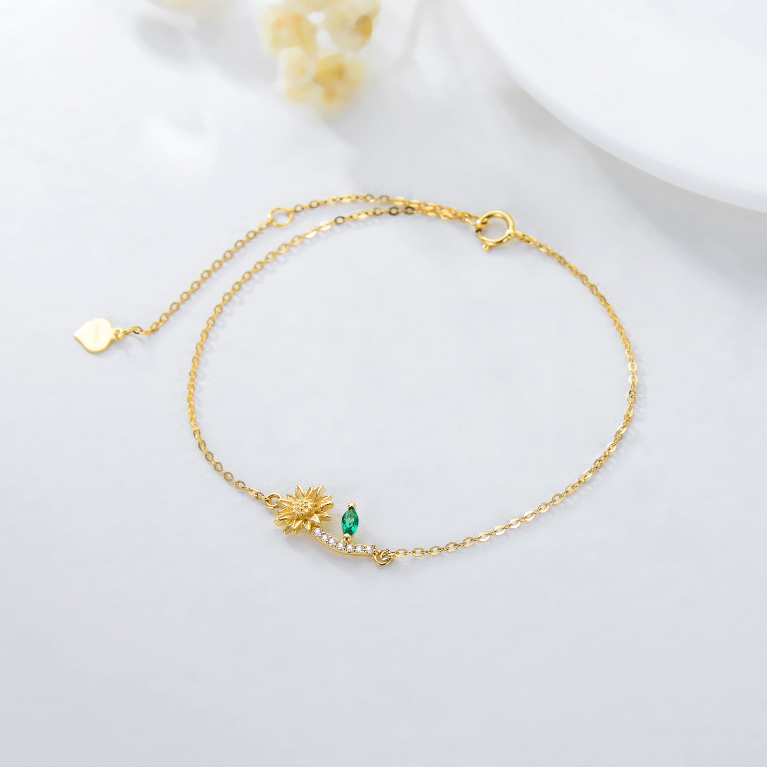 14K Gold Cubic Zirconia Sunflower Charm Bracelet