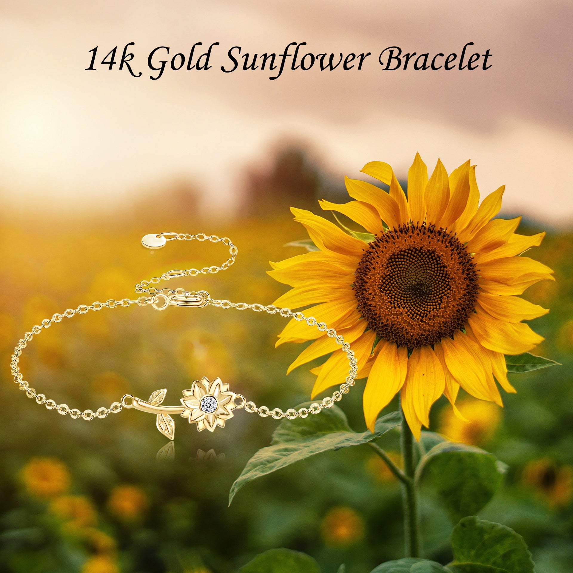 14K Gold Cubic Zirconia Sunflower Charm Bracelet
