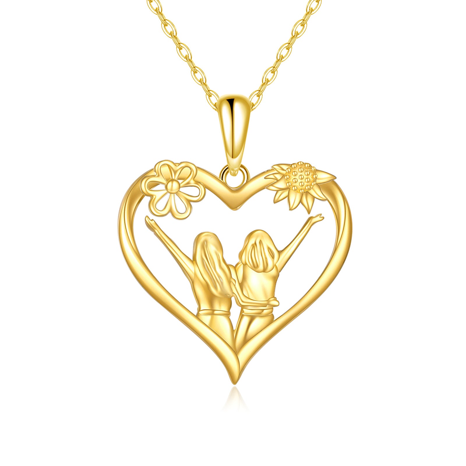 14K Gold Sunflower & Sisters & Heart Pendant Necklace