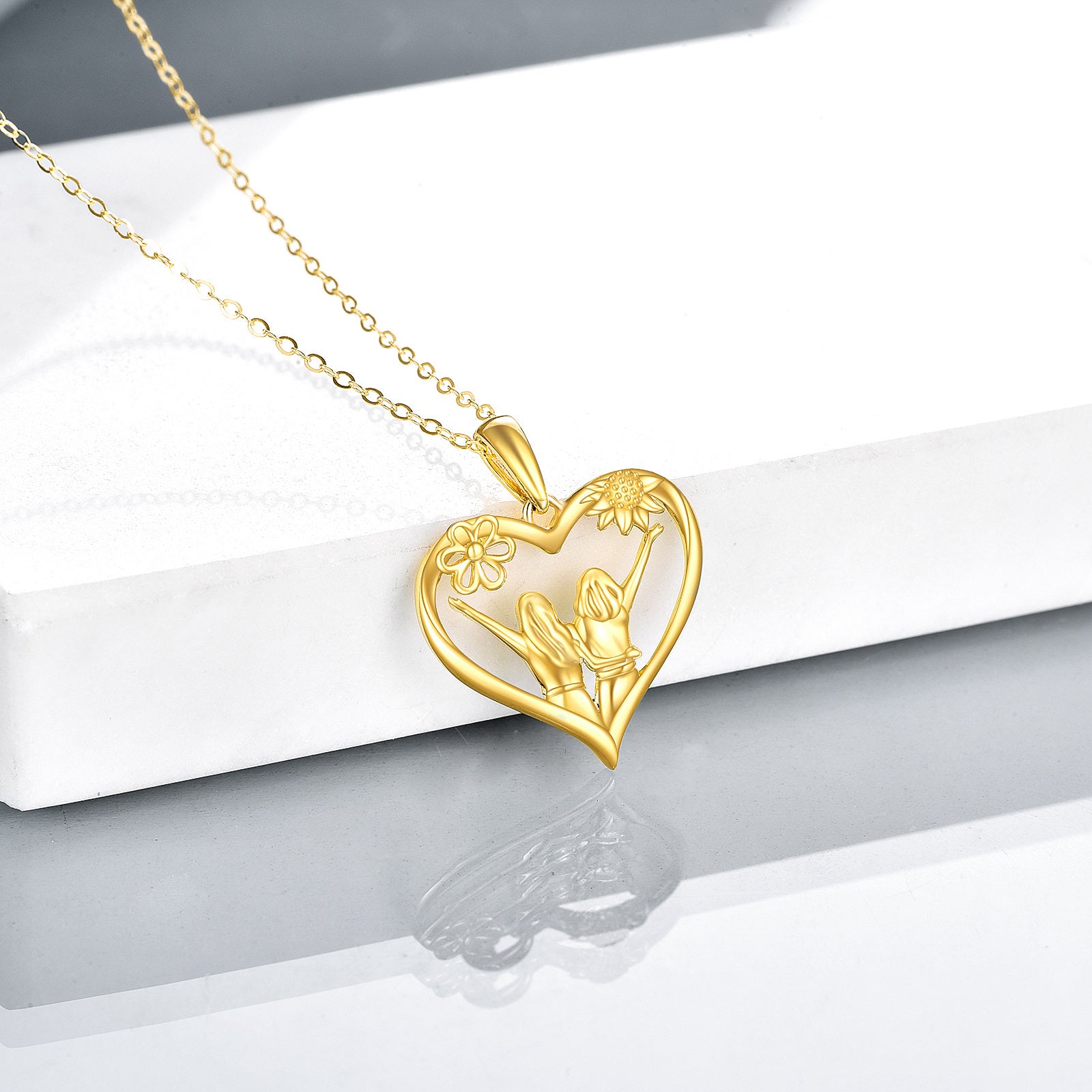 14K Gold Sunflower & Sisters & Heart Pendant Necklace