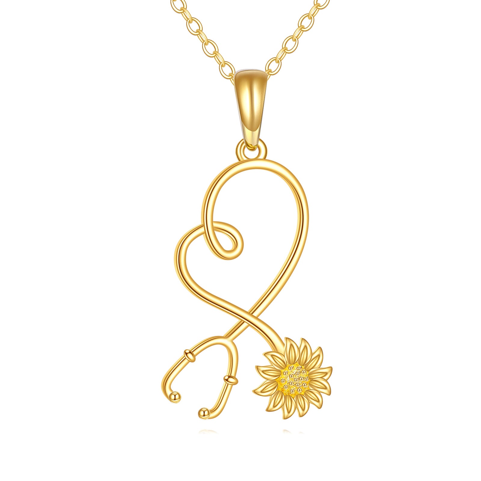 14K Gold Sunflower & Stethoscope Pendant Necklace