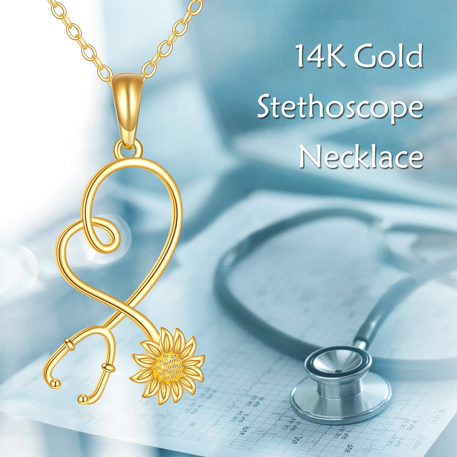 14K Gold Sunflower & Stethoscope Pendant Necklace