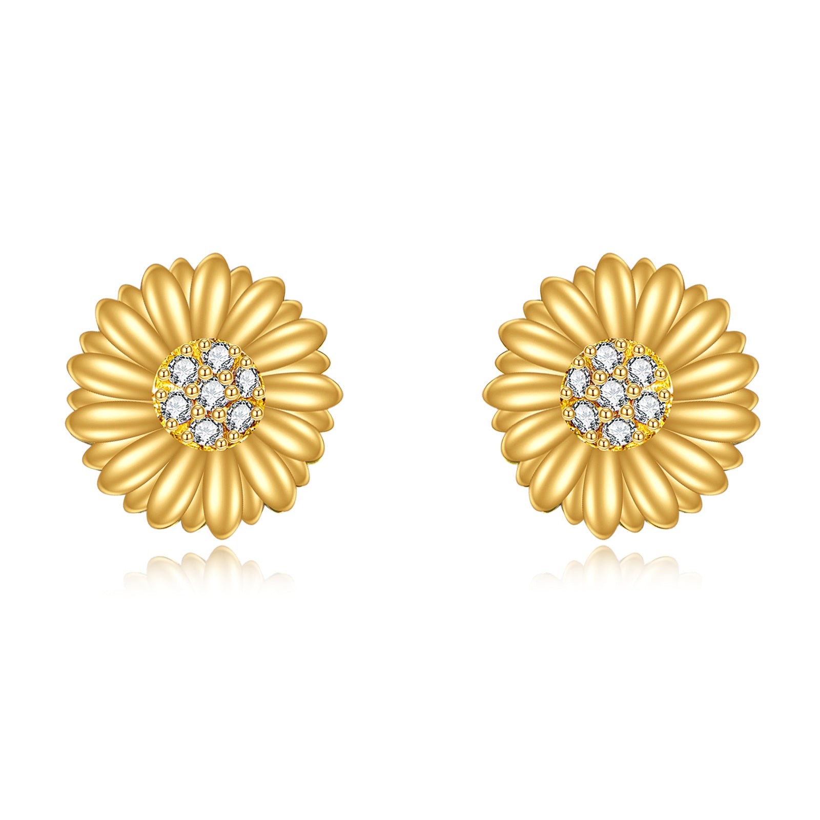 14K Gold Cubic Zirconia Sunflower Stud Earrings