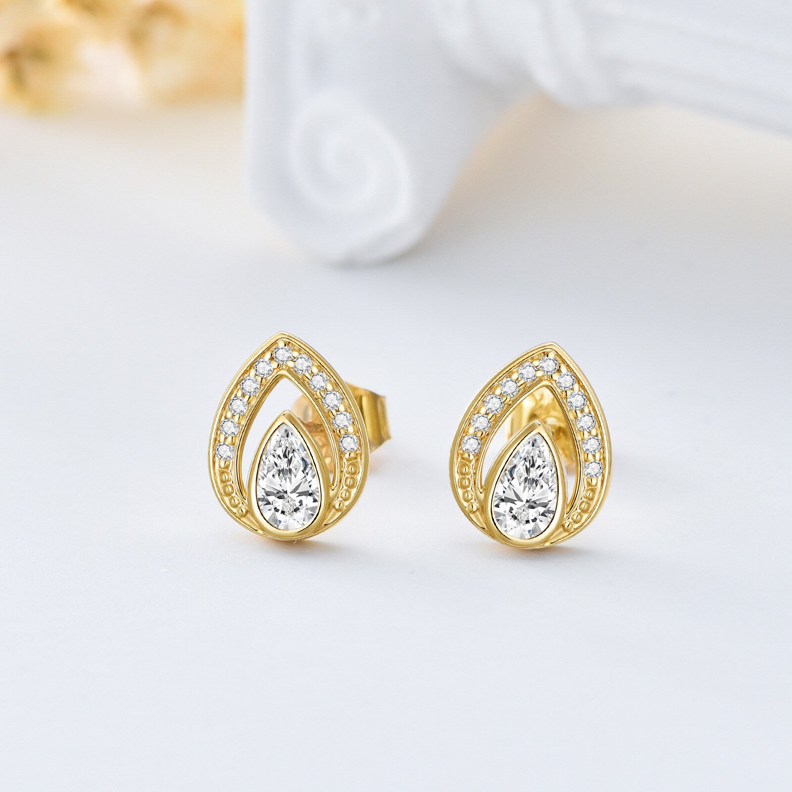 14K Gold Teardrop Zircon Stud Earrings Jewelry Gift for Women