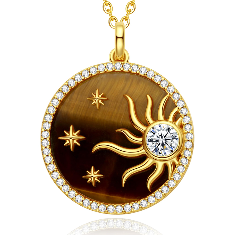 Sterling Silver with Yellow Gold Plated Cubic Zirconia & Tiger's Eye Star & Sun Pendant Necklace