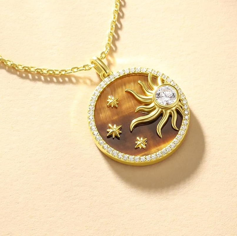 Sterling Silver with Yellow Gold Plated Cubic Zirconia & Tiger's Eye Star & Sun Pendant Necklace