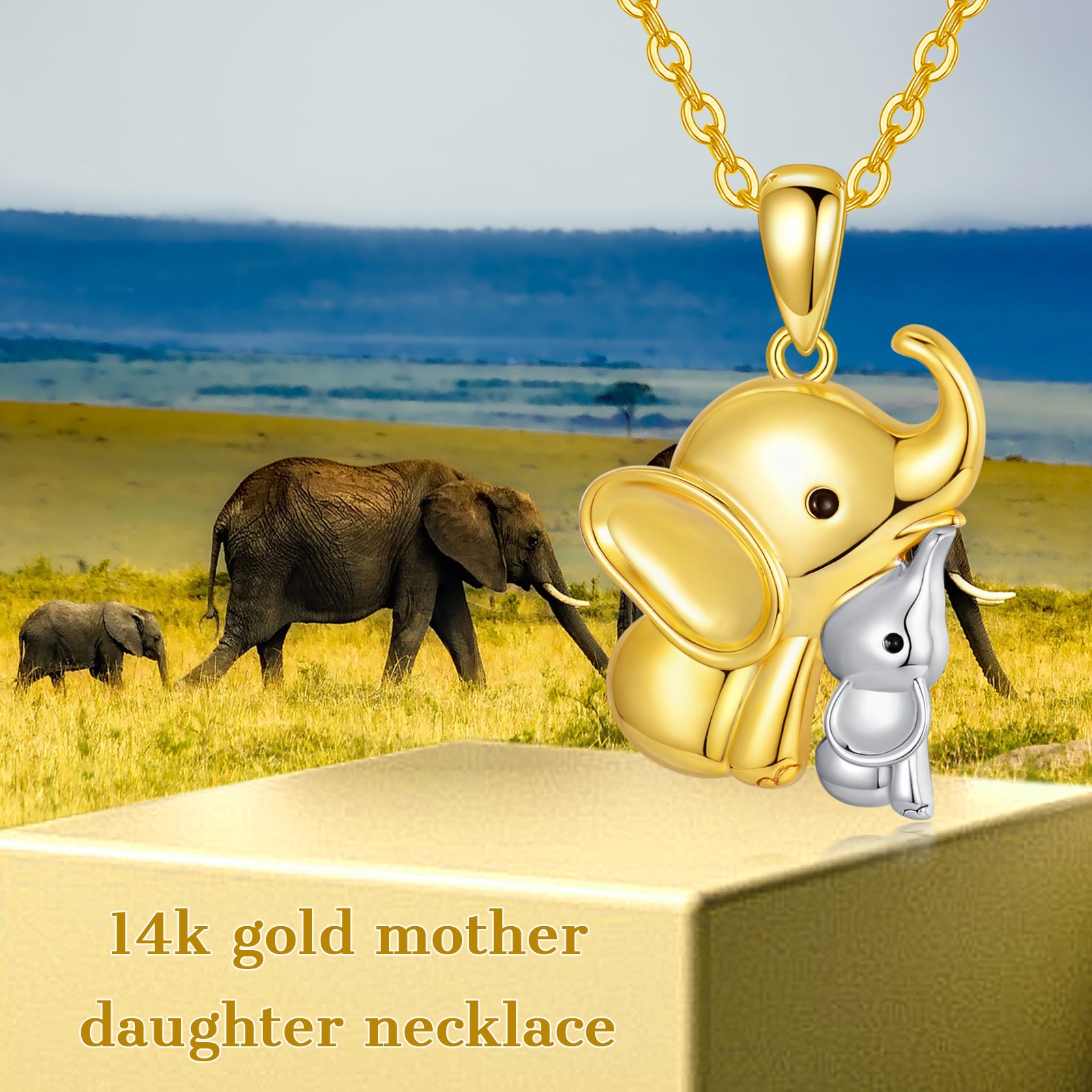 14K Gold Two-tone Elephant Mom & Baby Pendant Necklace