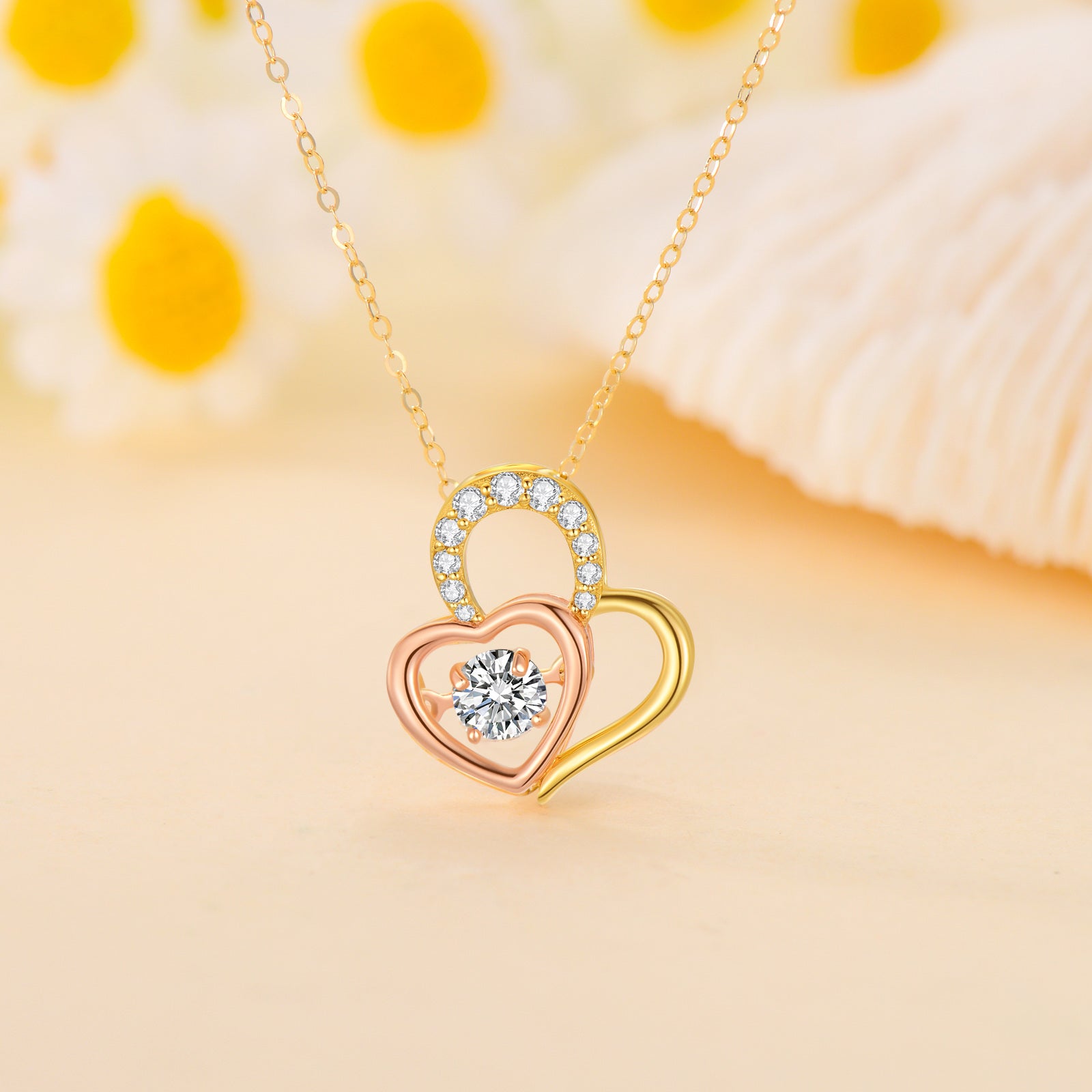 14K Gold Two-tone Moissanite Personalized Birthstone Couple Heart With Heart Necklace