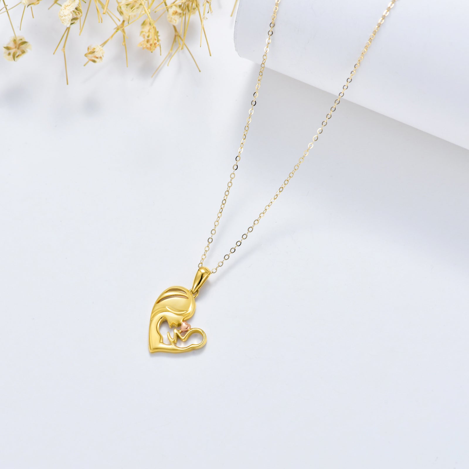 14K Gold Two-tone Mother & Daughter Heart Pendant Necklace