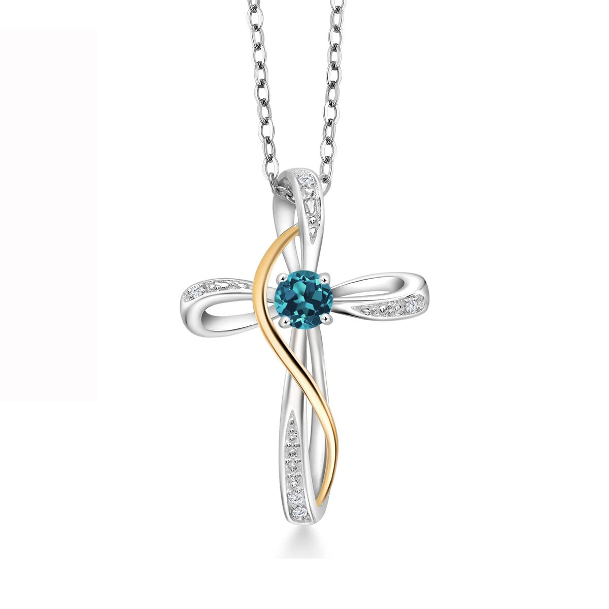 Sterling Silver Two-tone Cubic Zirconia Personalized Birthstone & Cross Pendant Necklace