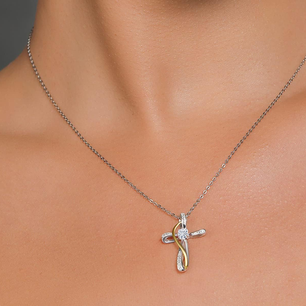 Sterling Silver Two-tone Cubic Zirconia Personalized Birthstone & Cross Pendant Necklace