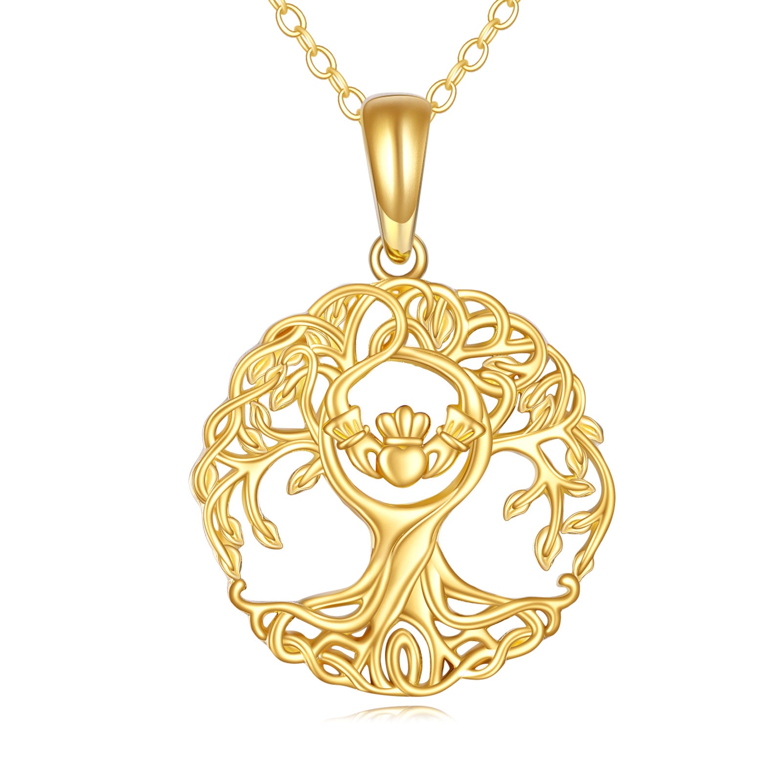 14K Gold Tree Of Life & Claddagh Pendant Necklace