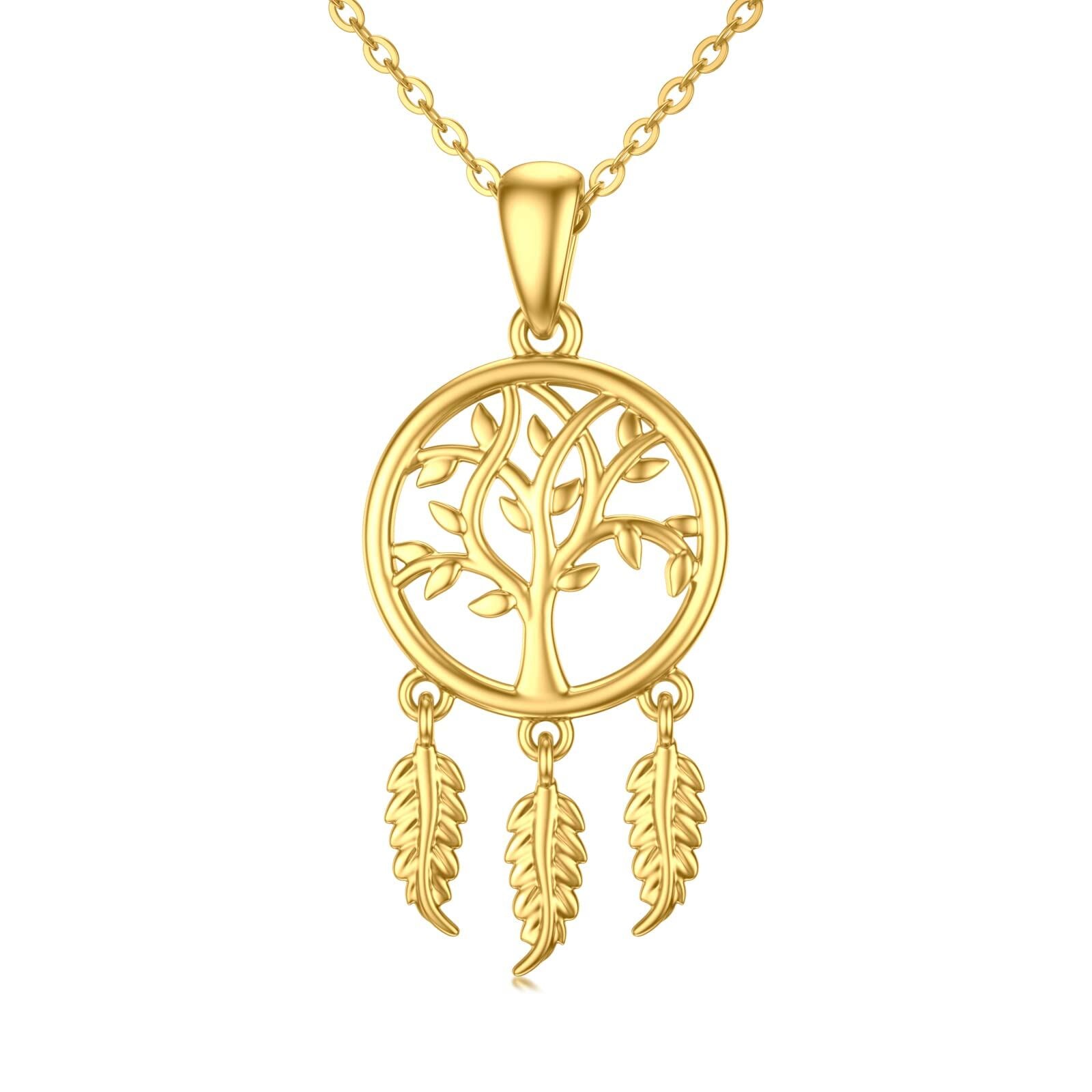9K Gold Tree Of Life & Dream Catcher Pendant Necklace