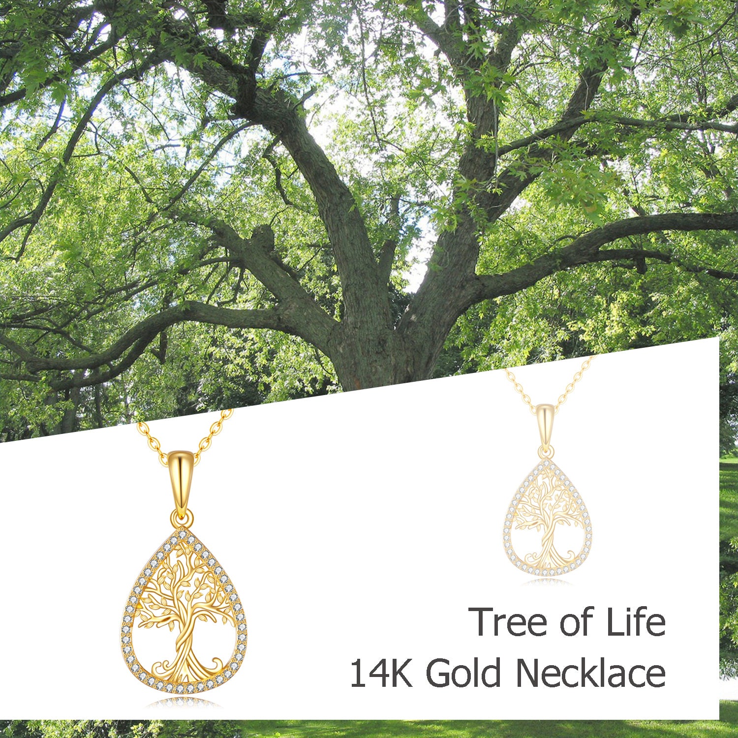 14K Gold Cubic Zirconia Tree Of Life & Drop Shape Pendant Necklace
