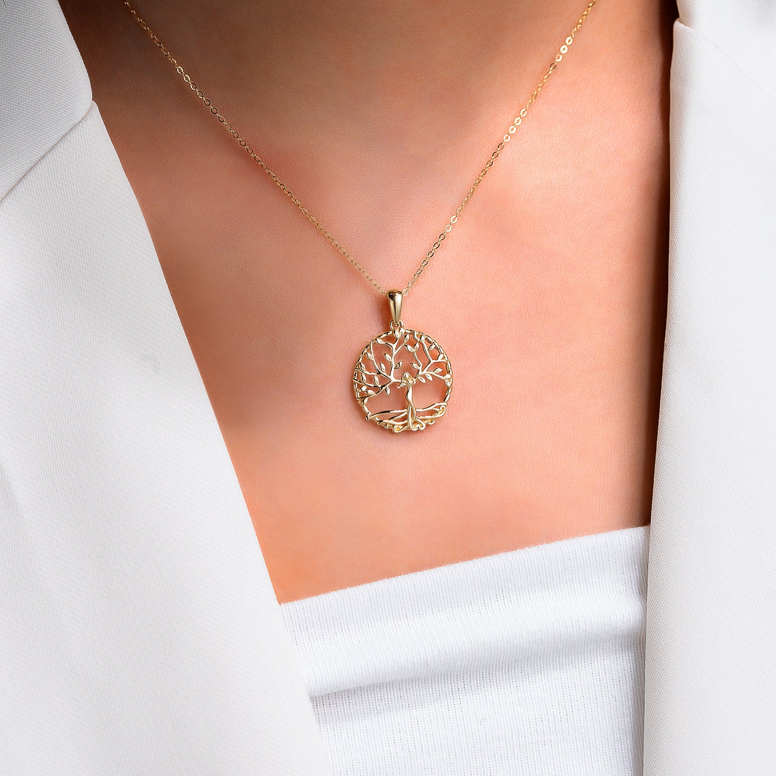 14K Gold Tree Of Life Pendant Necklace with Cable Chain