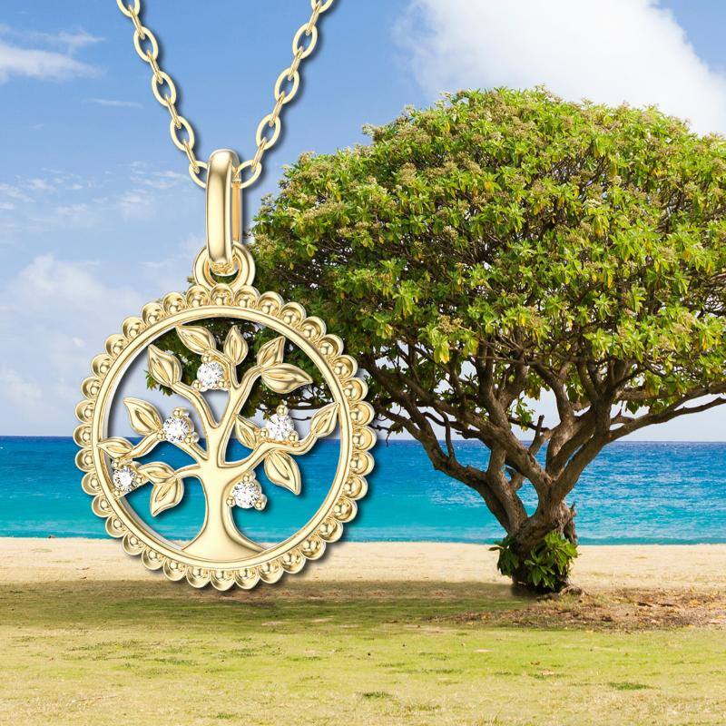14K Gold Cubic Zirconia Tree Of Life Pendant Necklace