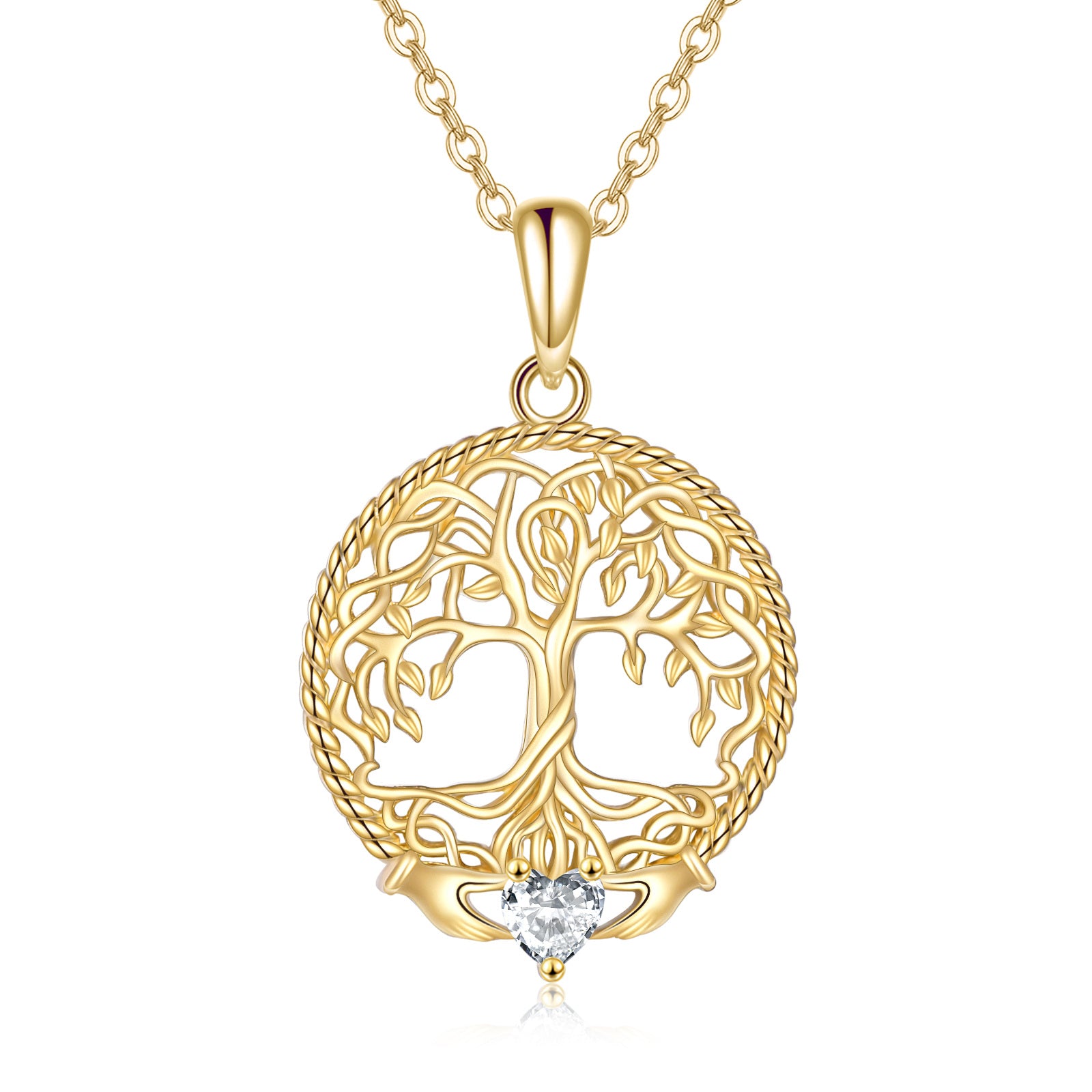 14K Gold Cubic Zirconia Tree Of Life Pendant Necklace