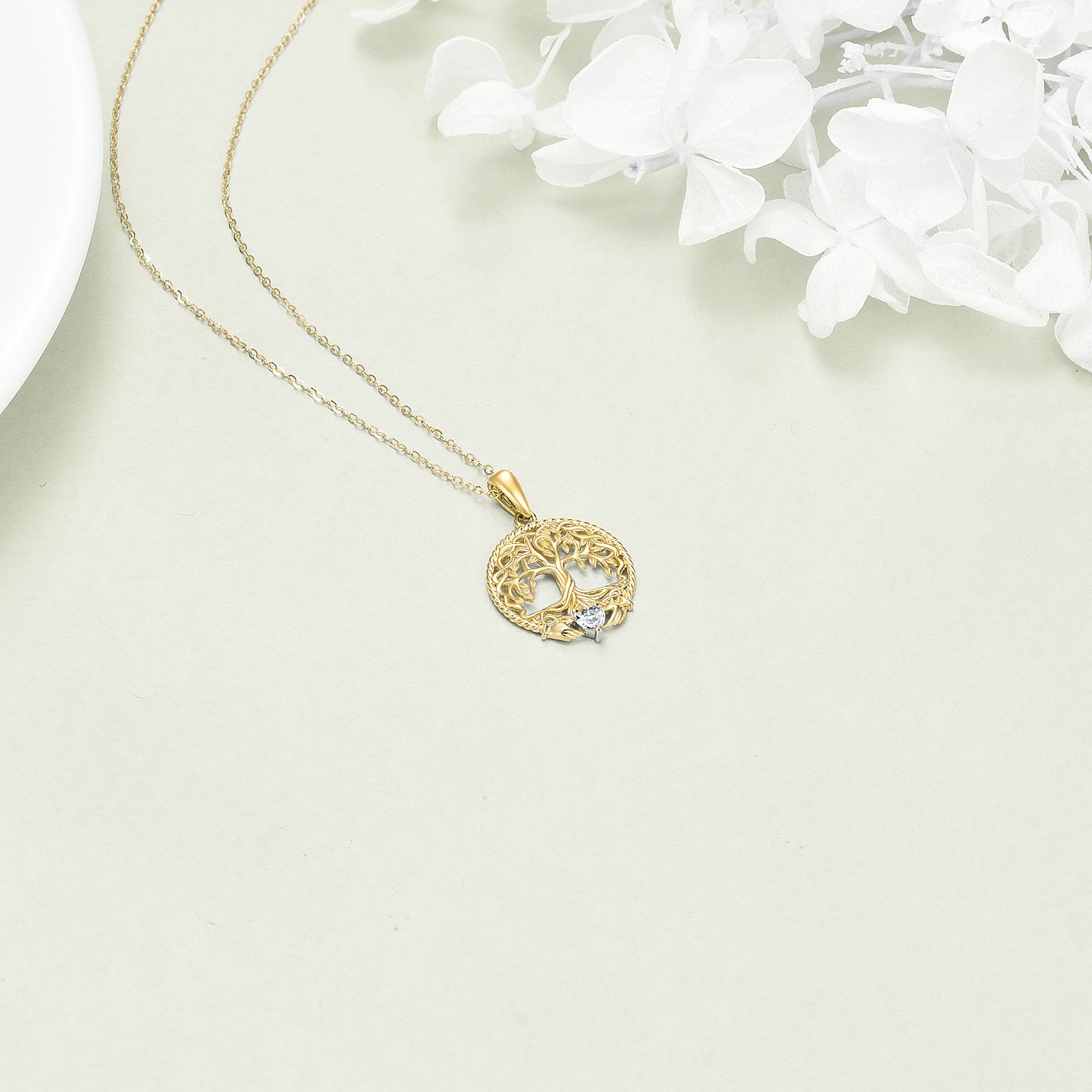 14K Gold Cubic Zirconia Tree Of Life Pendant Necklace