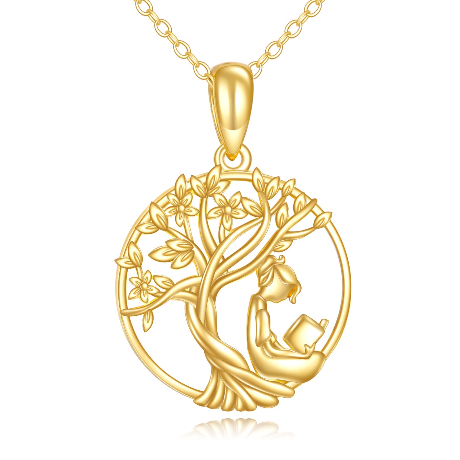 14K Gold Tree Of Life &Read Book Pendant Necklace