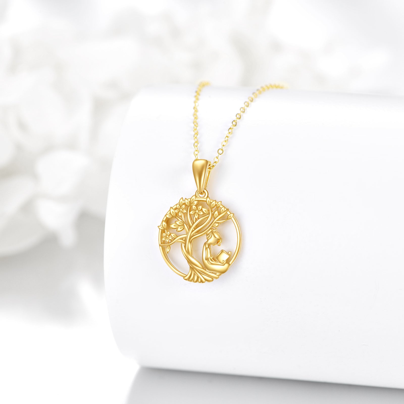 14K Gold Tree Of Life &Read Book Pendant Necklace