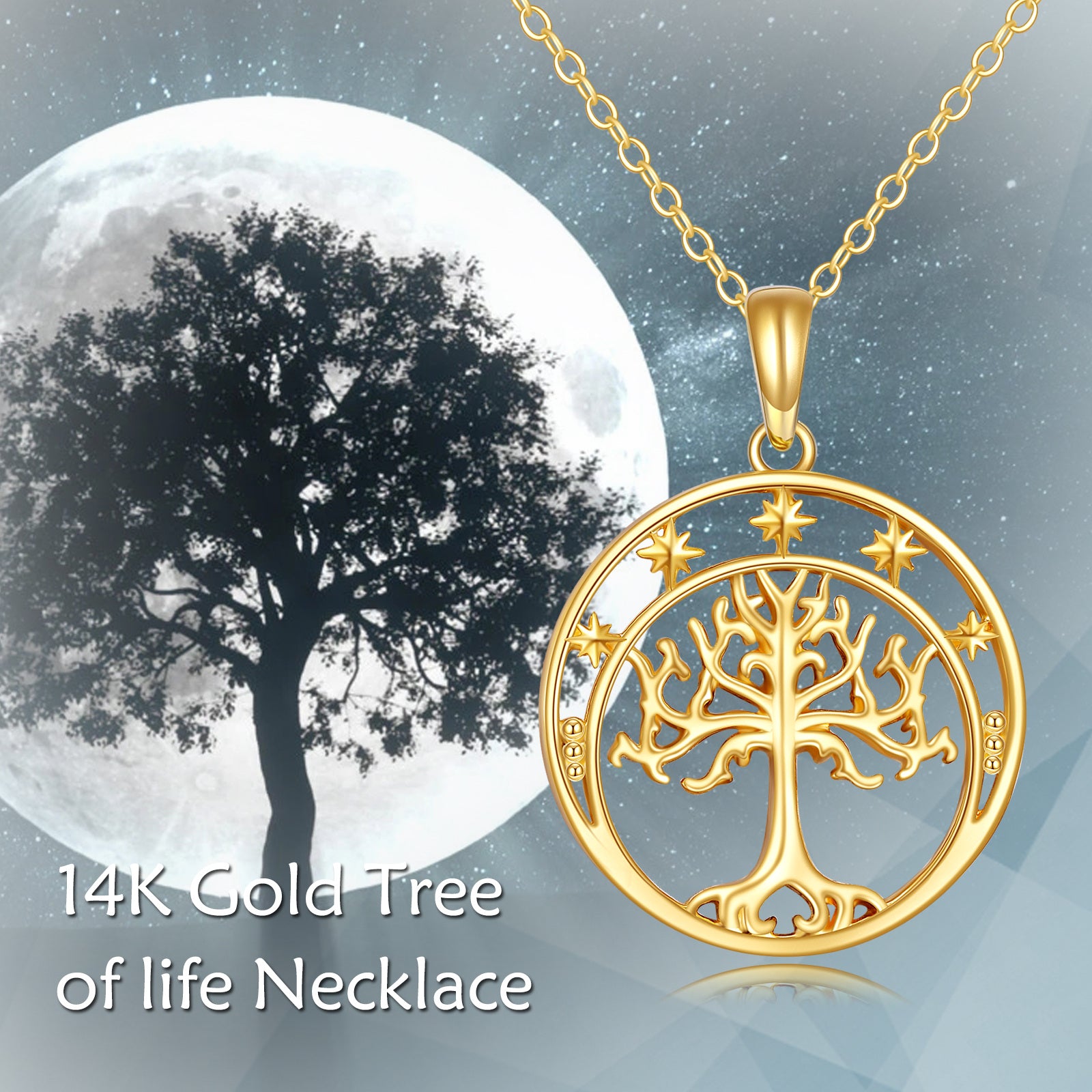 14K Gold Tree Of Life Star Necklace for Women
