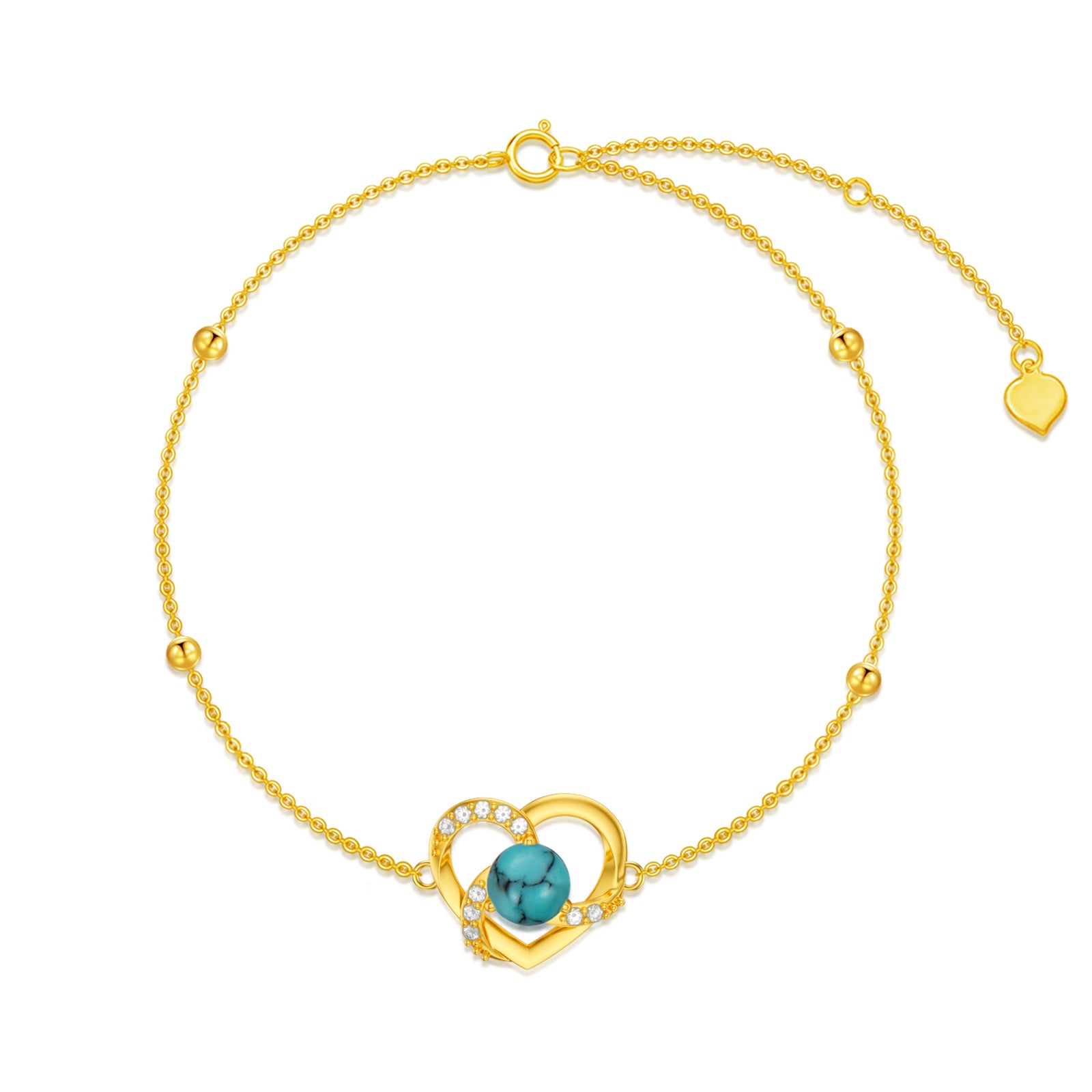 14K Gold Cubic Zirconia & Turquoise Bead & Heart Charm Bracelet