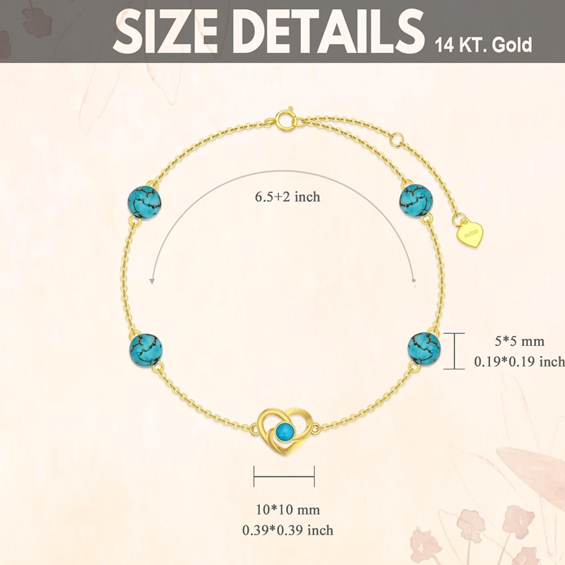 14K Gold Turquoise Celtic Knot & Heart With Heart Charm Bracelet for Women