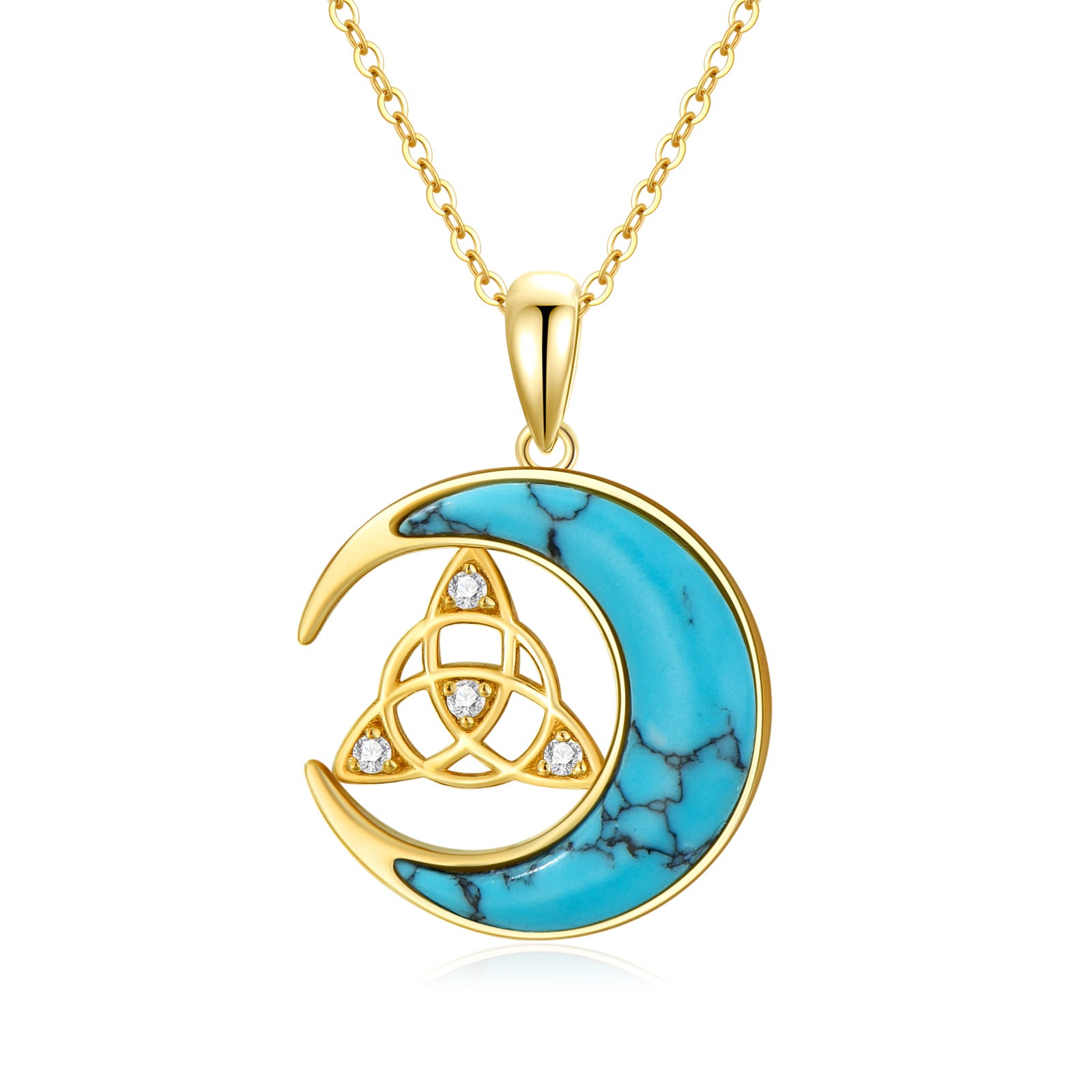 14K Gold Turquoise Celtic Knot & Moon Necklace for Women