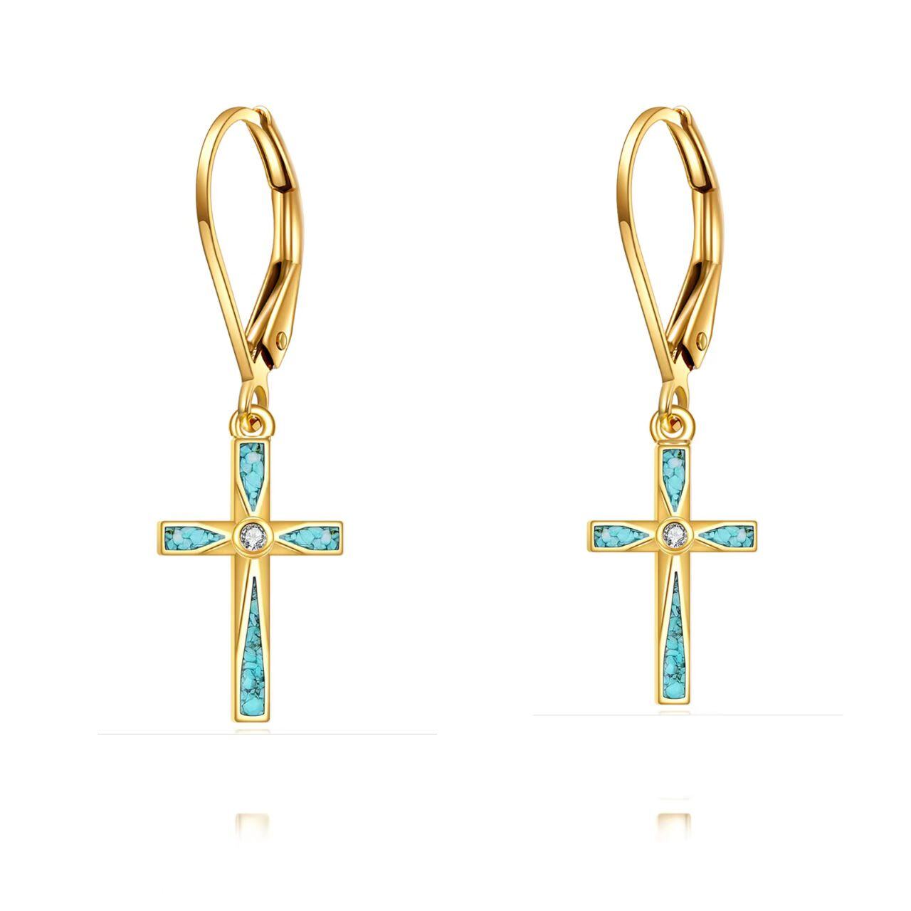 14K Gold Turquoise Cross Drop Earrings