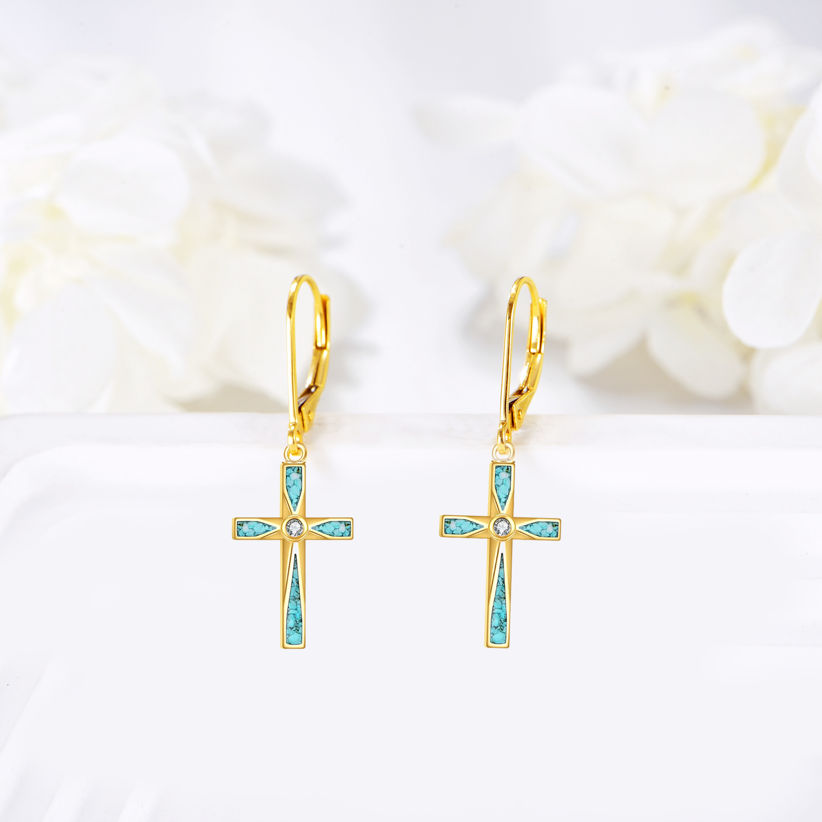 14K Gold Turquoise Cross Drop Earrings
