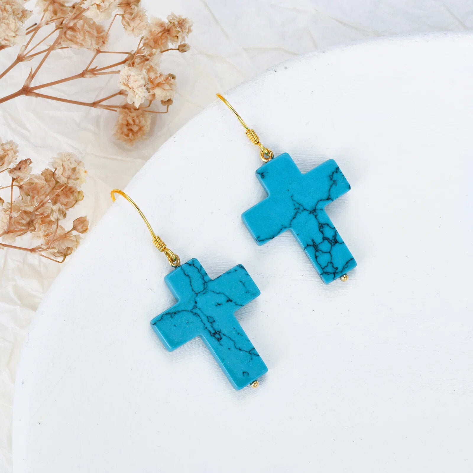 14K Gold Turquoise Cross Drop Earrings