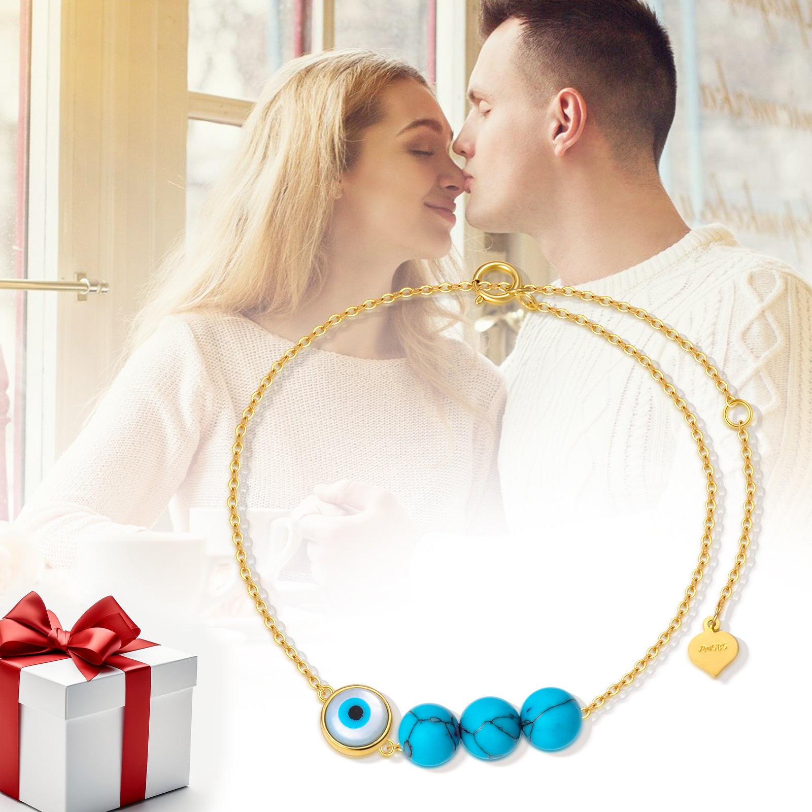 14K Gold Turquoise Evil Eye Charm Bracelet