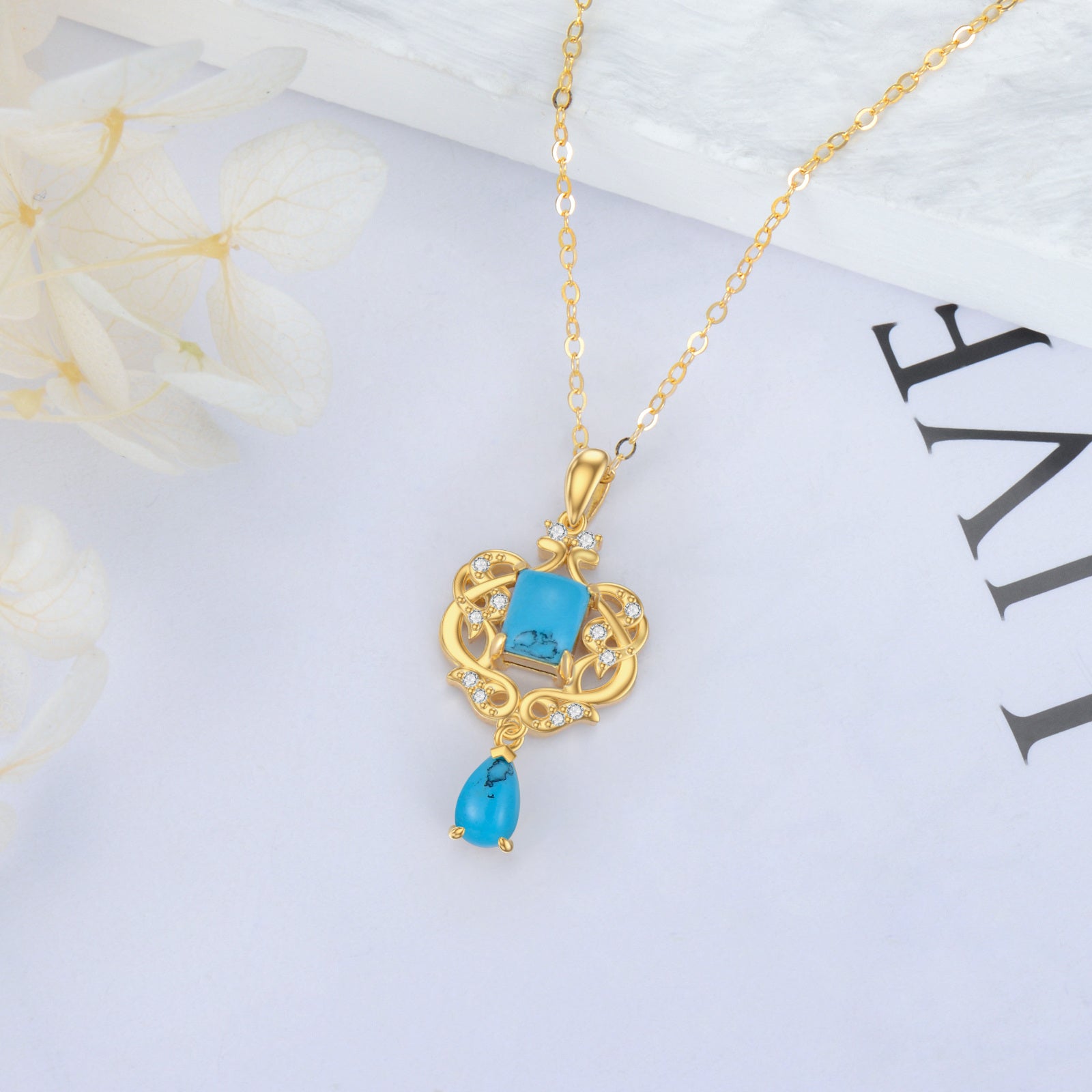 14K Gold Turquoise & Cubic Zirconia Heart Pendant Necklace