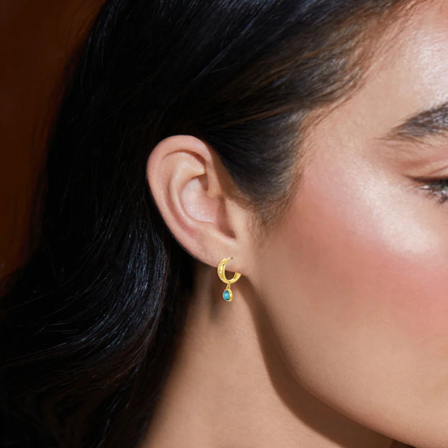 14K Gold Cubic Zirconia & Turquoise Round Drop Earrings for Women