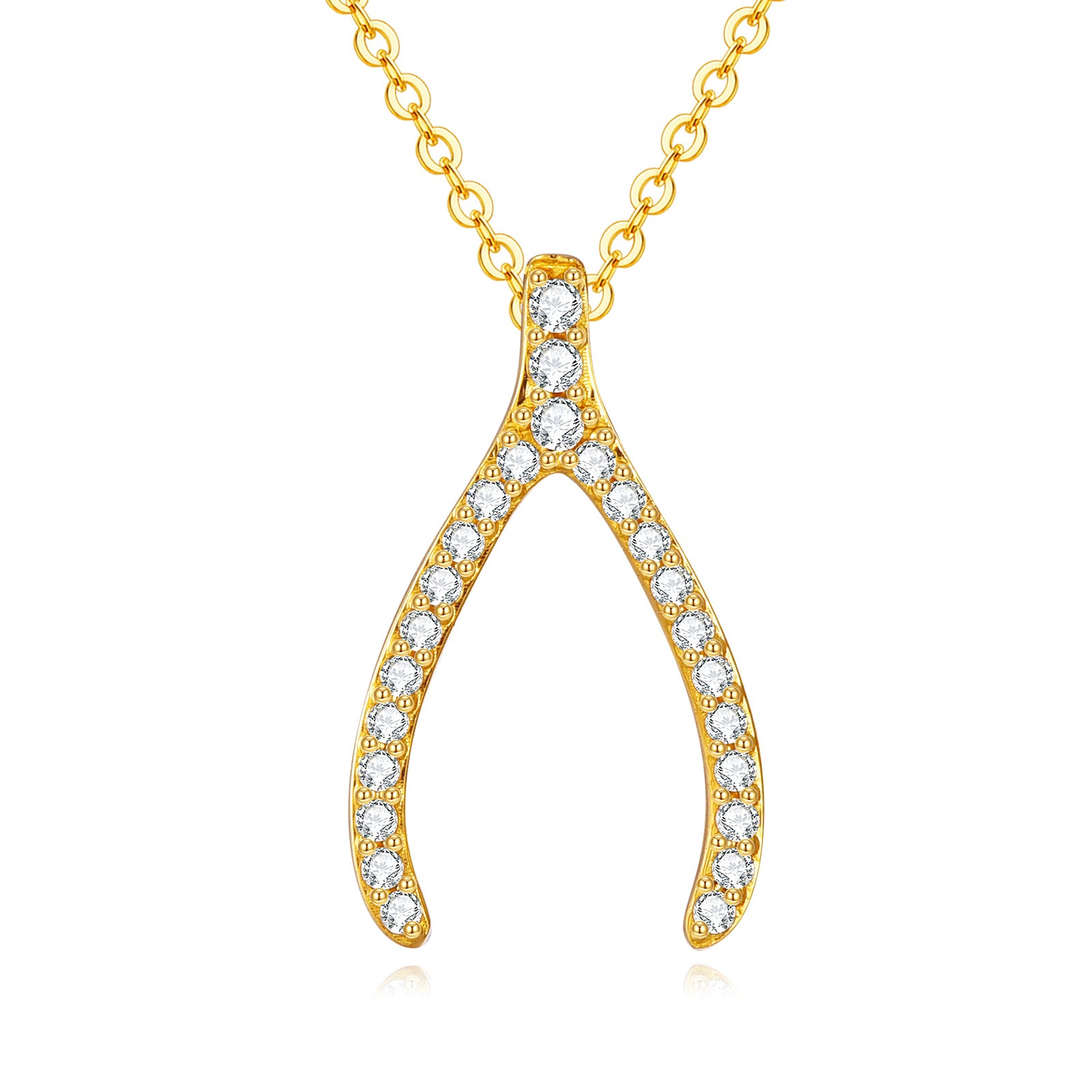 14K Gold Cubic Zirconia Wishbone Pendant Necklace