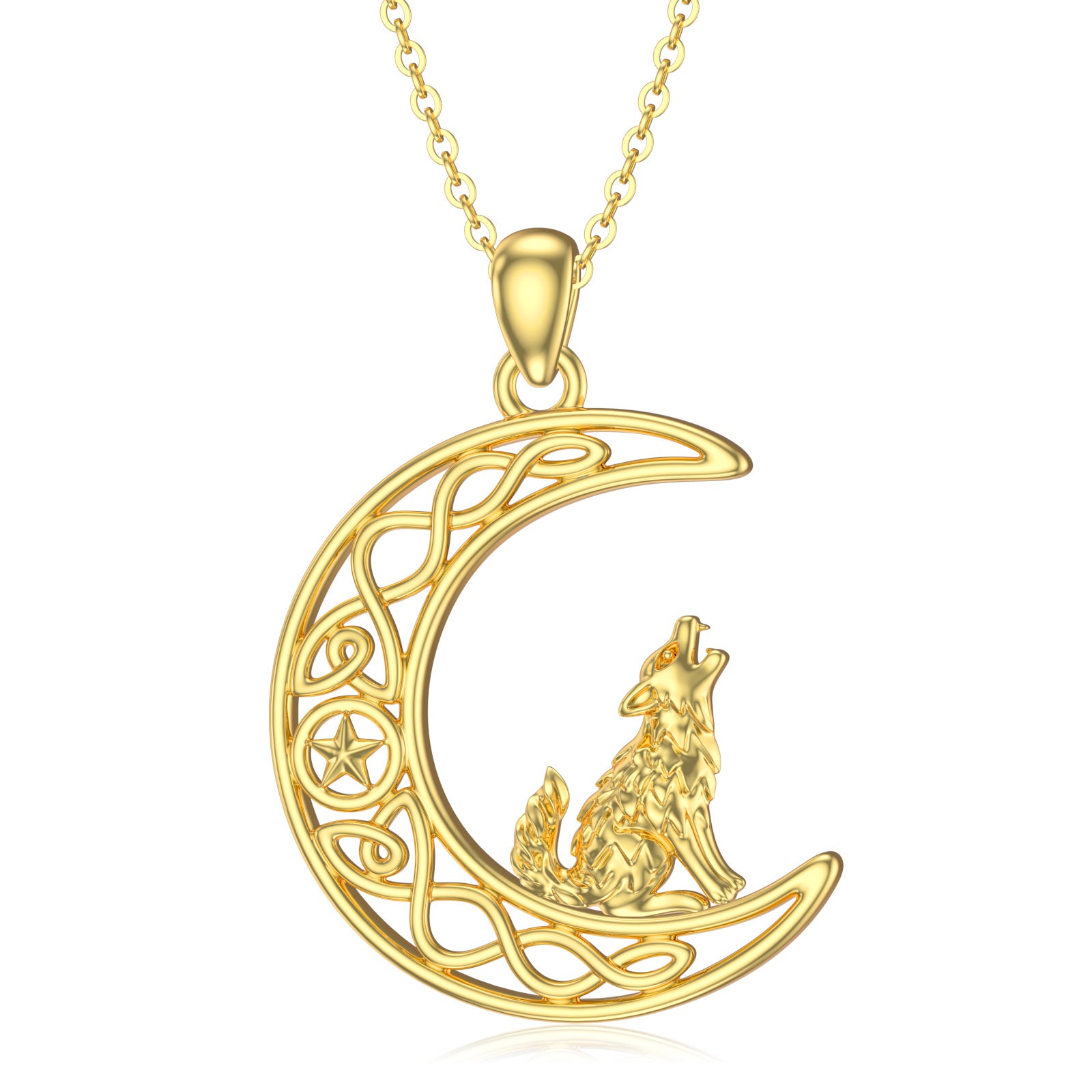 14K Gold Wolf Celtic Knot Moon Star Necklace for Women