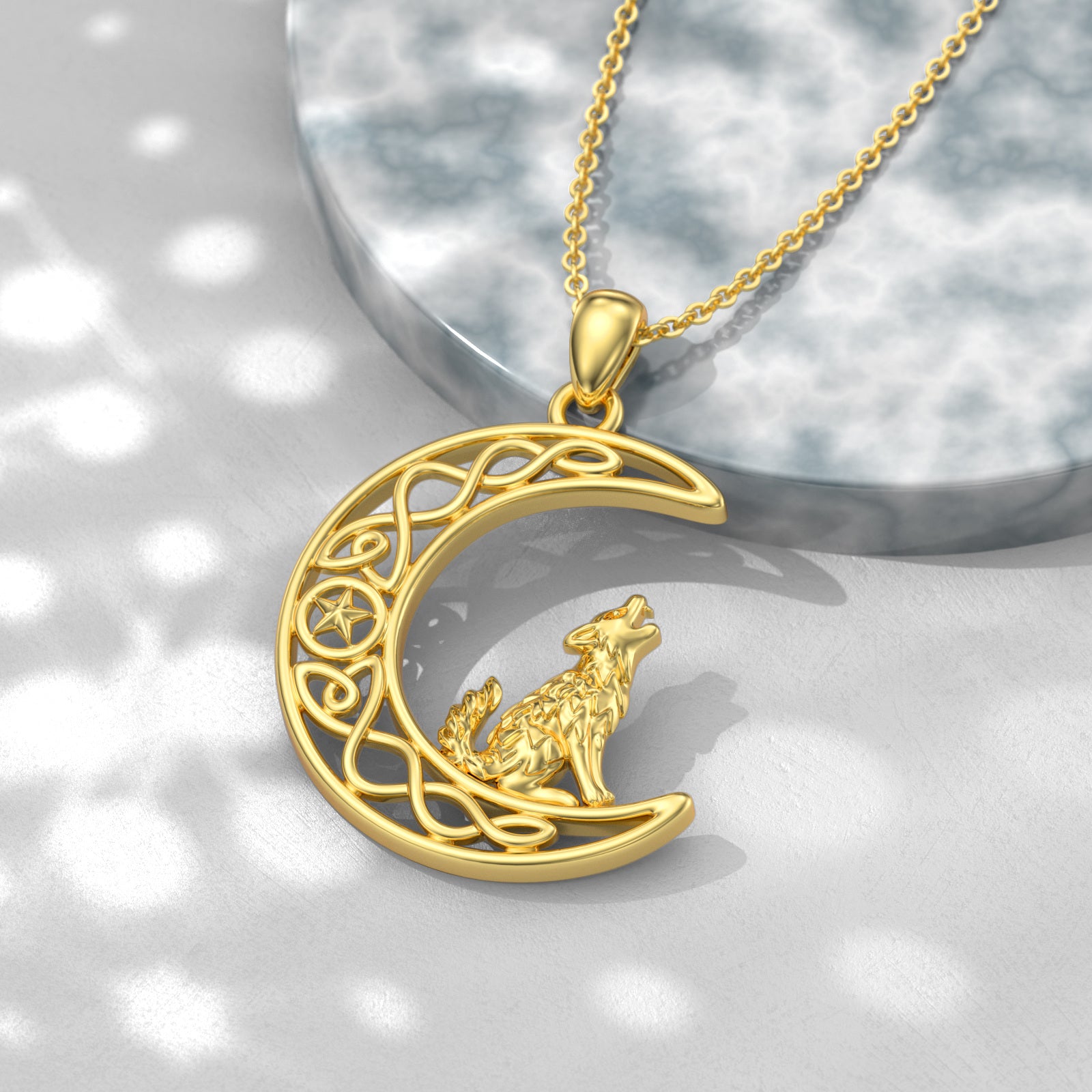 14K Gold Wolf Celtic Knot Moon Star Necklace for Women