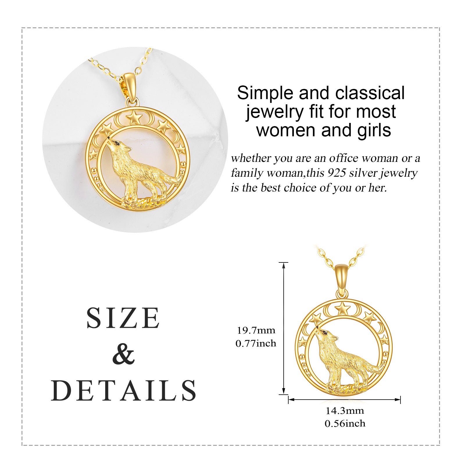 14K Gold Wolf & Moon Star Pendant Necklace For Women Best Friends