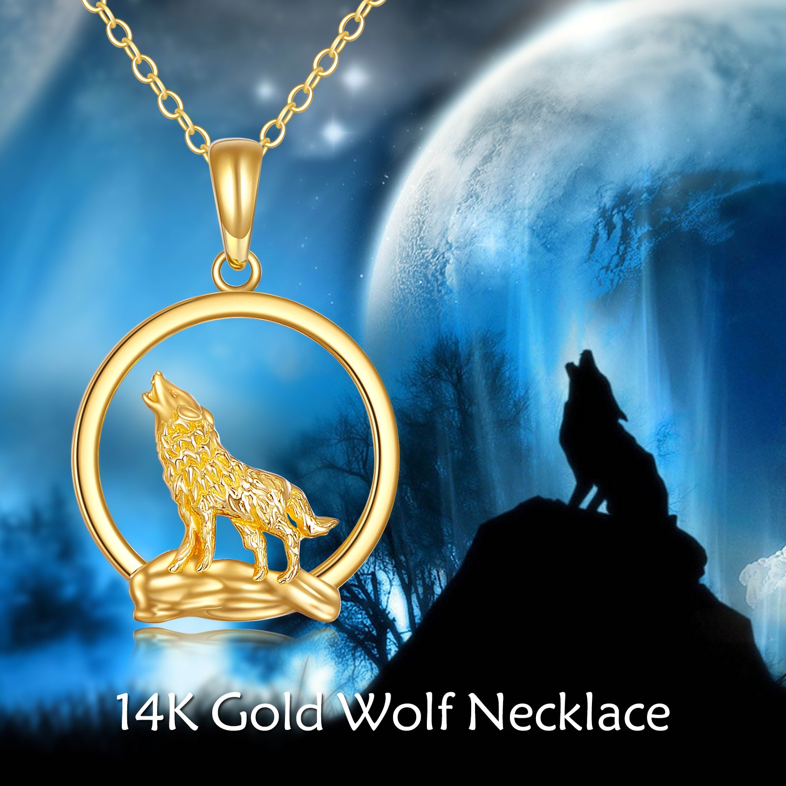 14K Gold Wolf Pendant Necklace