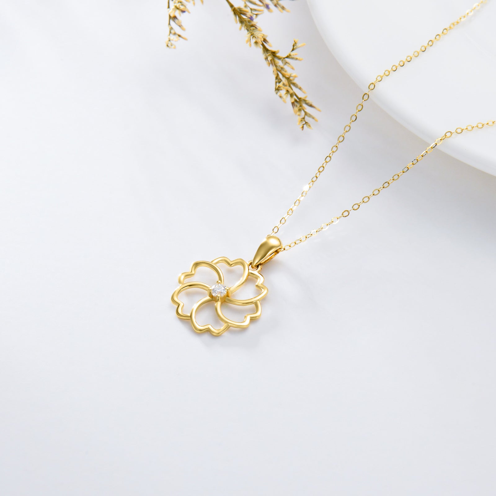 14K Gold Zircon Birth Flower Pendant Necklace