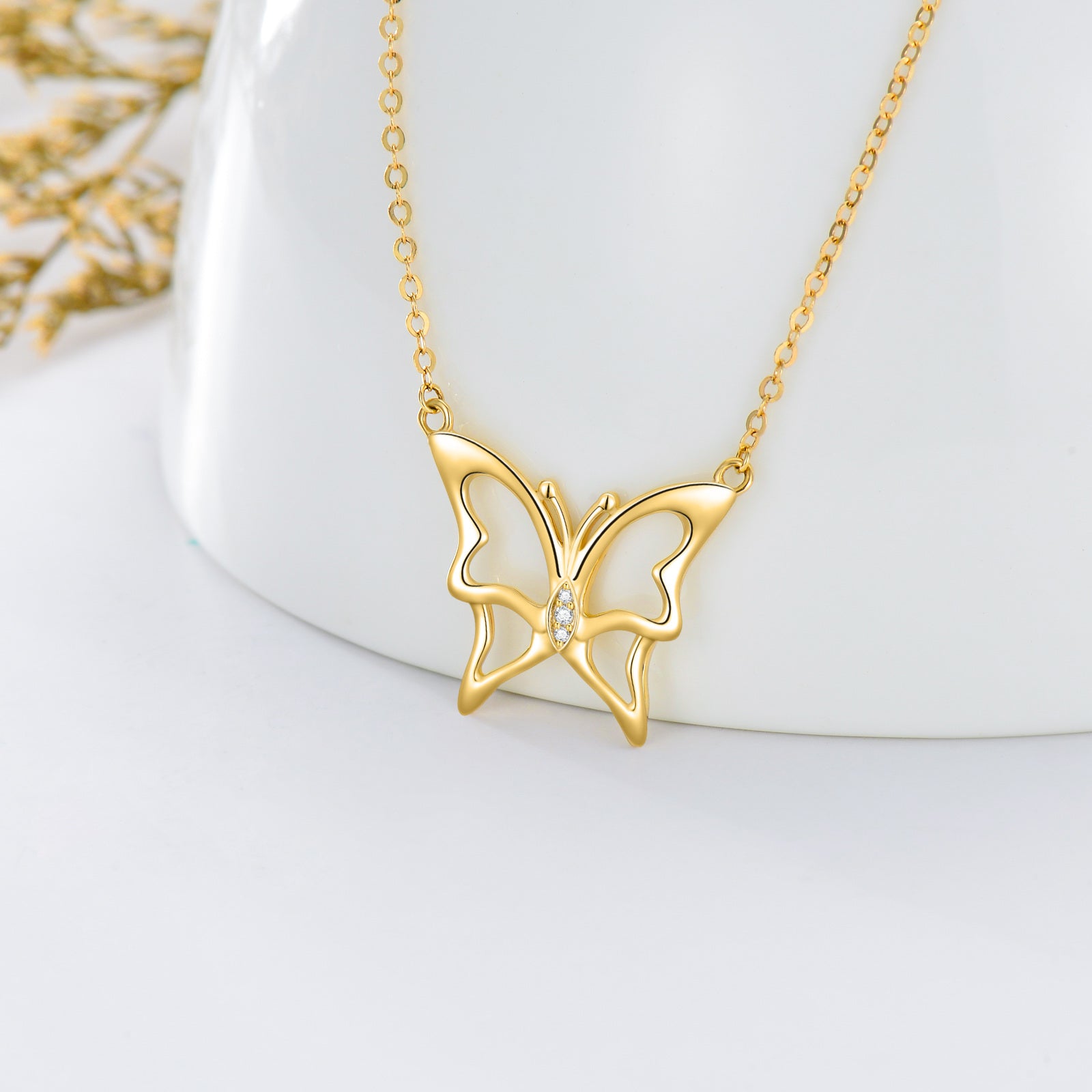 14K Gold Zircon Butterfly Pendant Necklace