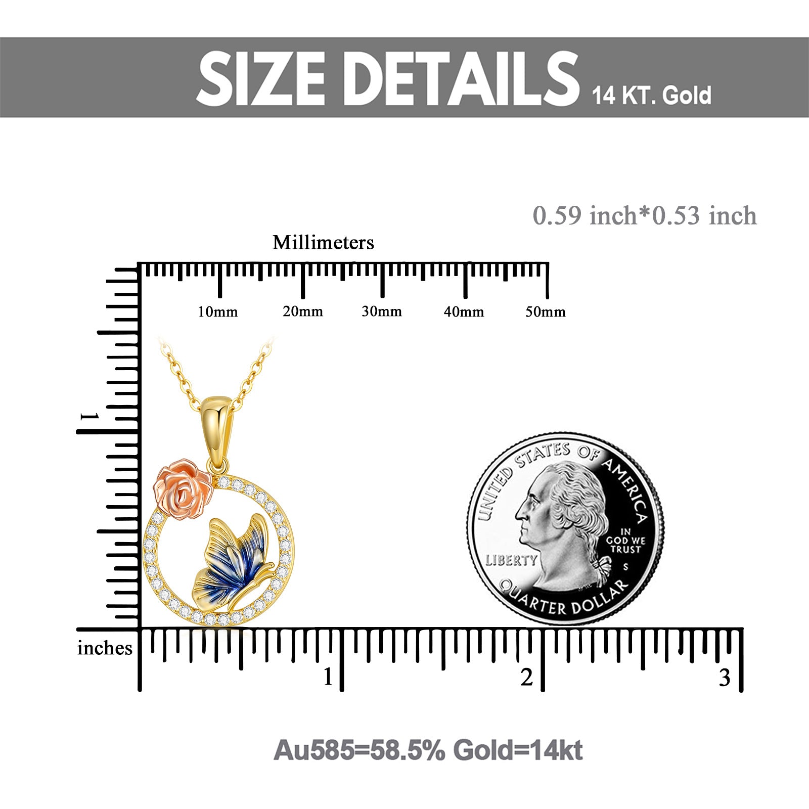 14K Gold Zircon Butterfly & Rose Pendant Necklace