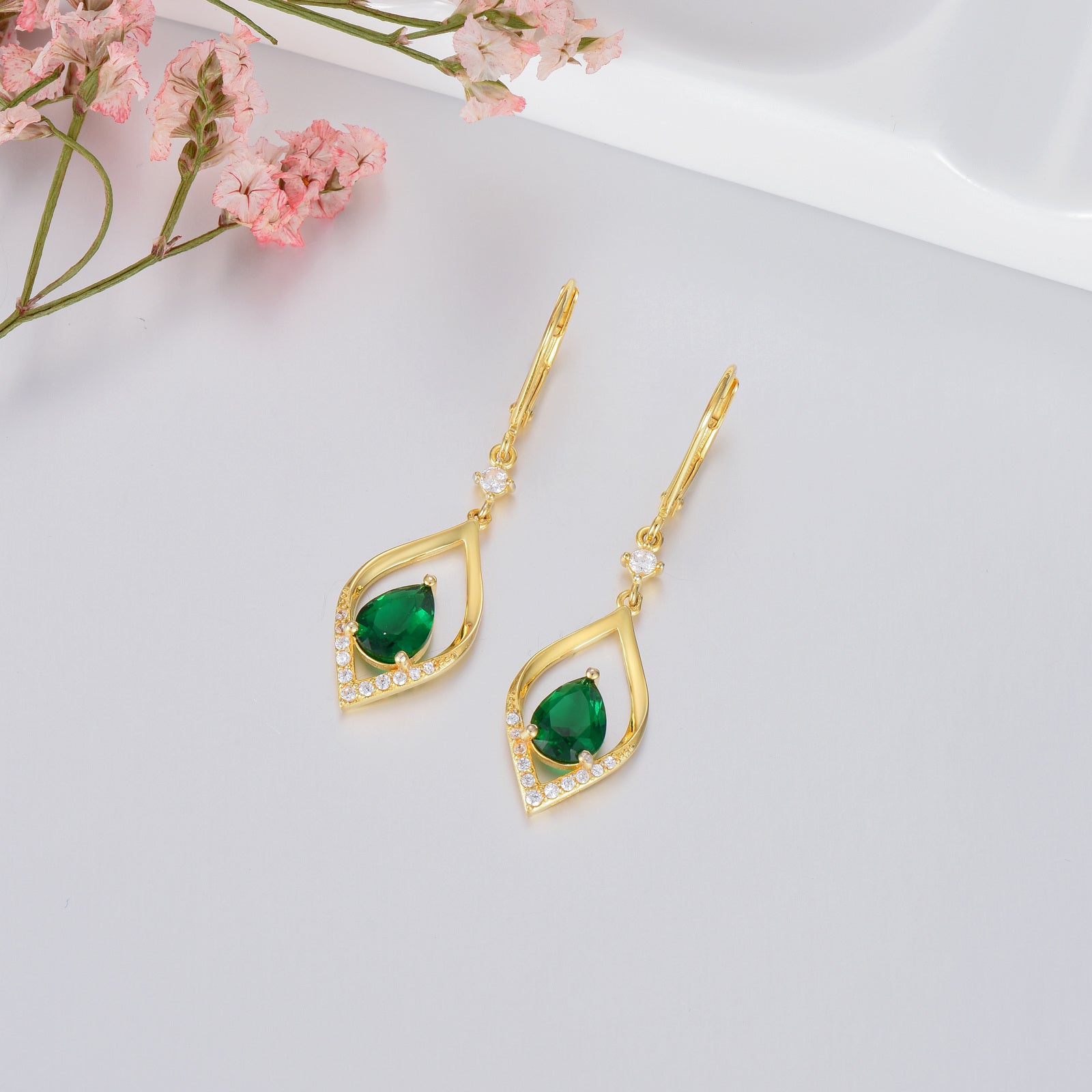 14K Gold Zircon Drop Shape Lever-back Earrings