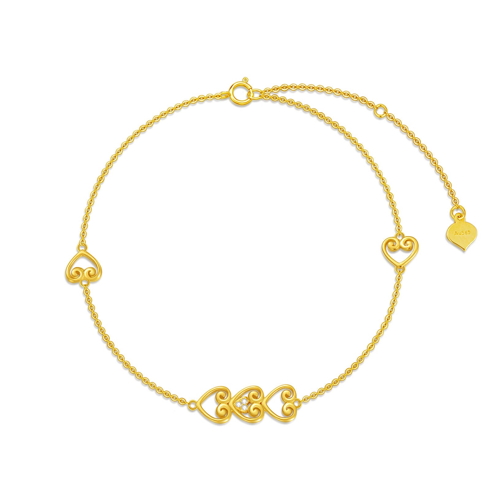 14K Gold Zircon Heart Charm Bracelet