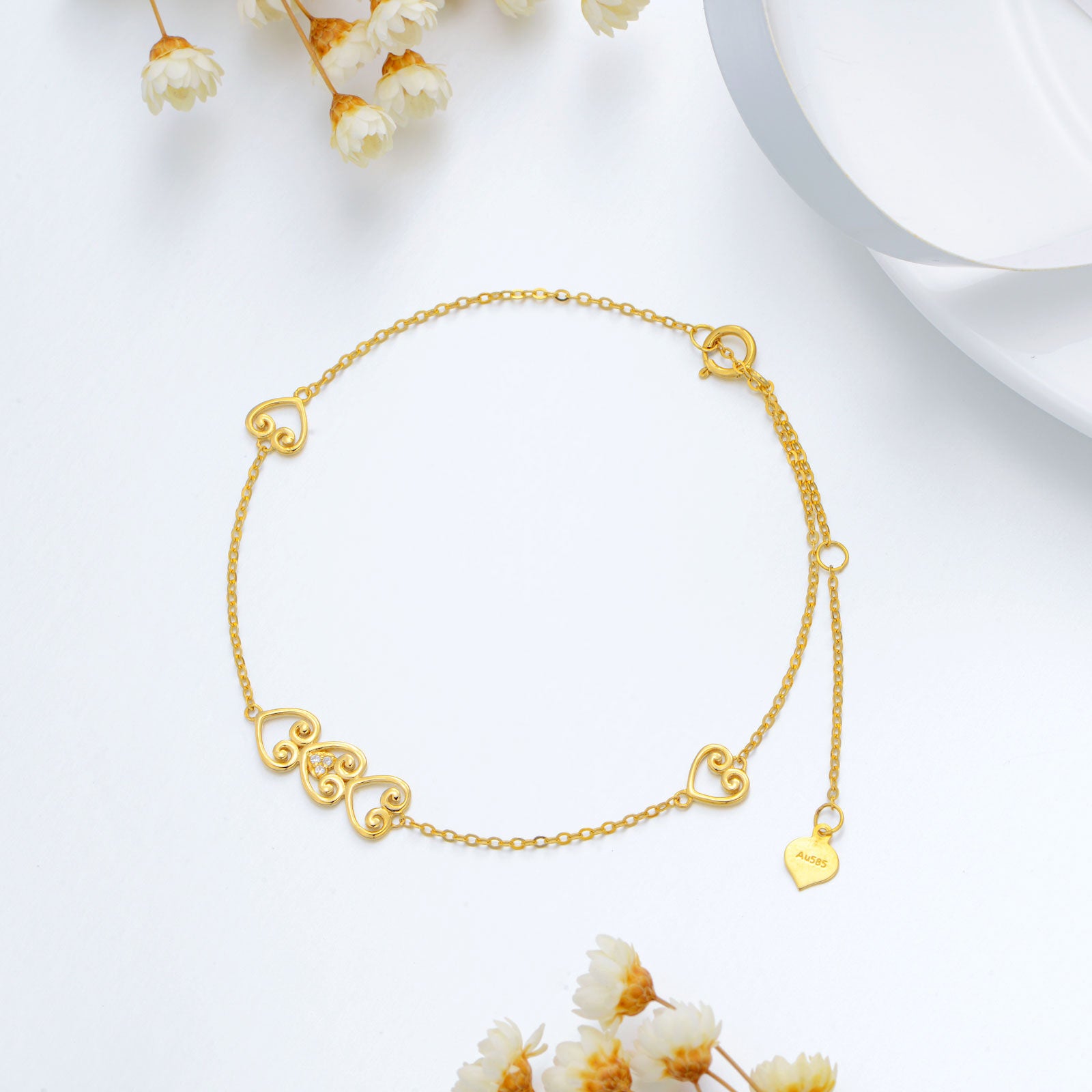 14K Gold Zircon Heart Charm Bracelet