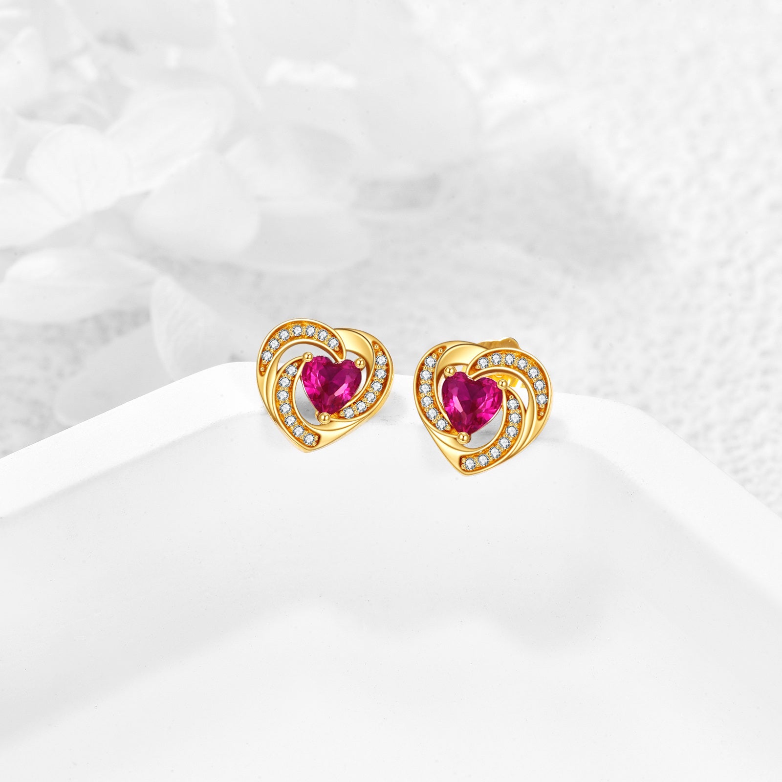 14K Gold Zircon Heart Stud Earrings