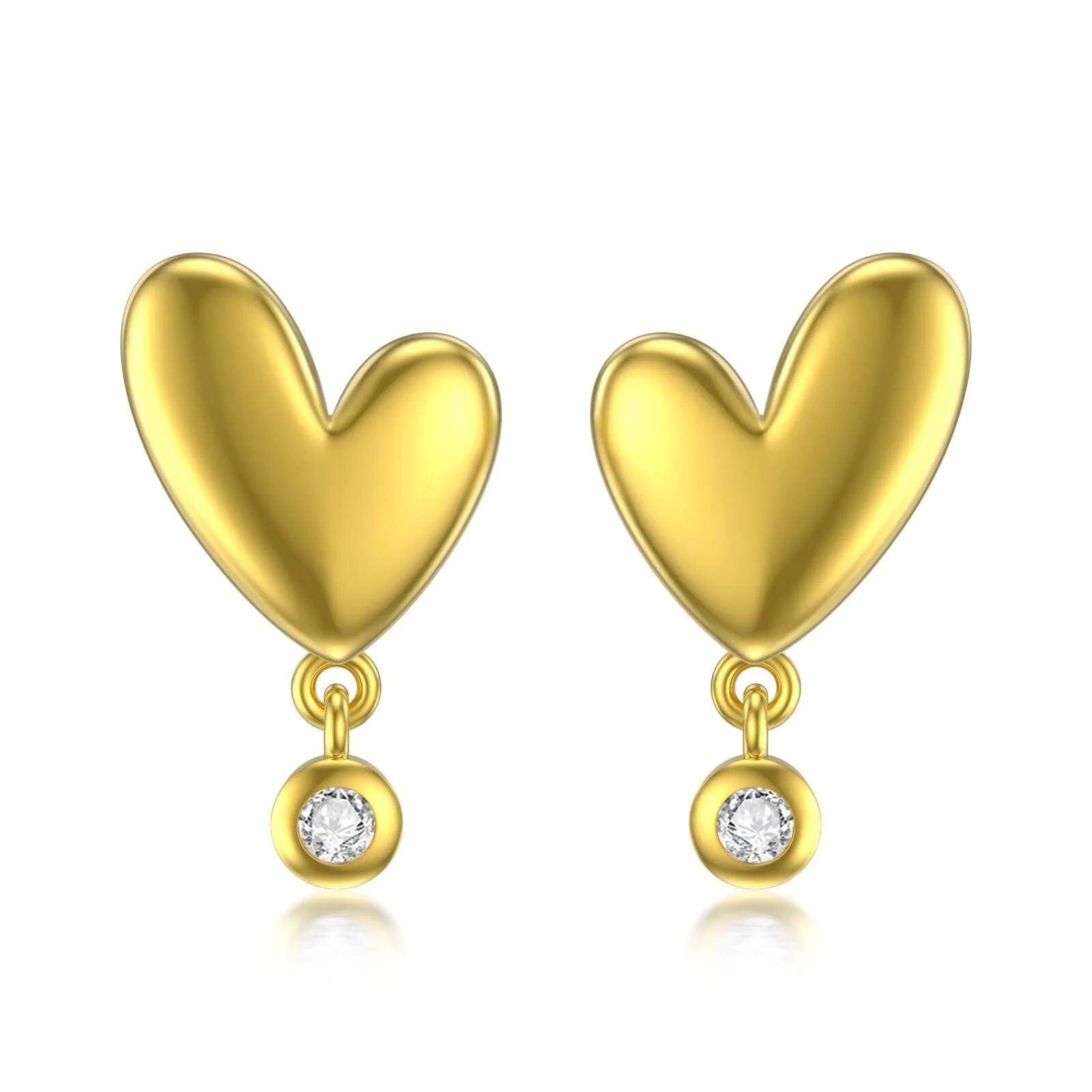 14K Gold Zircon Heart Stud Earrings