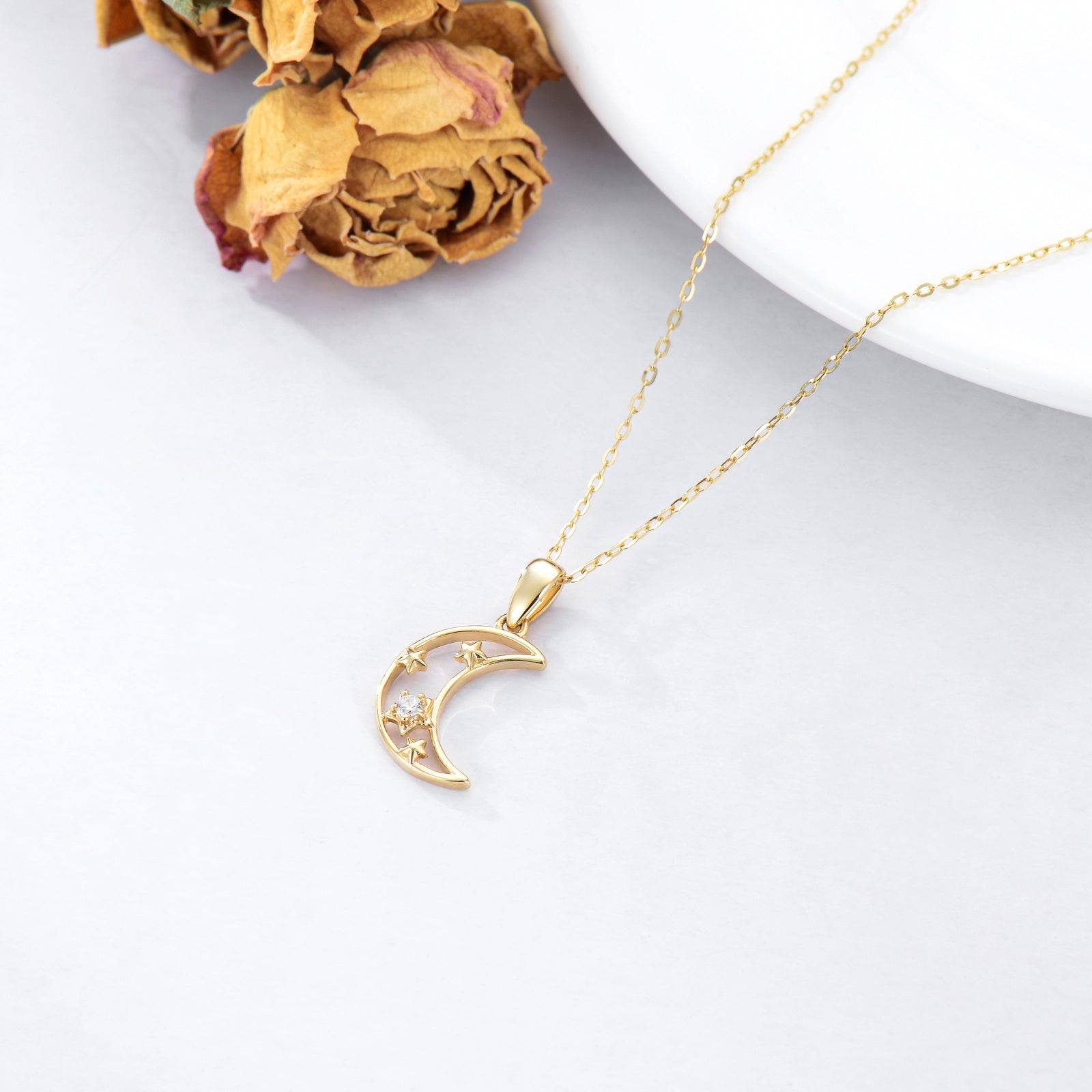 14K Gold Zircon Moon Pendant Necklace