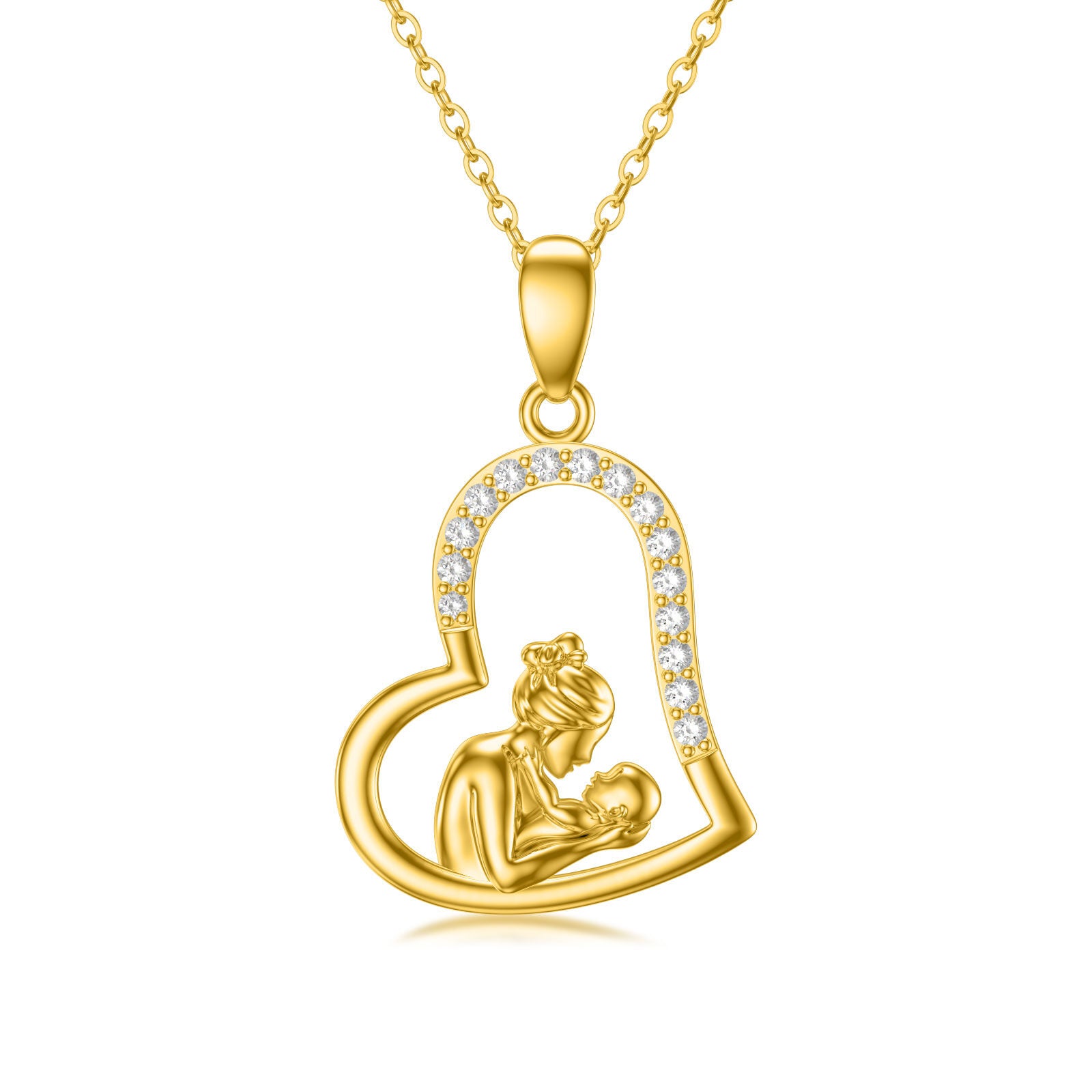 14K Gold Zircon Mother & Daughter Heart Pendant Necklace
